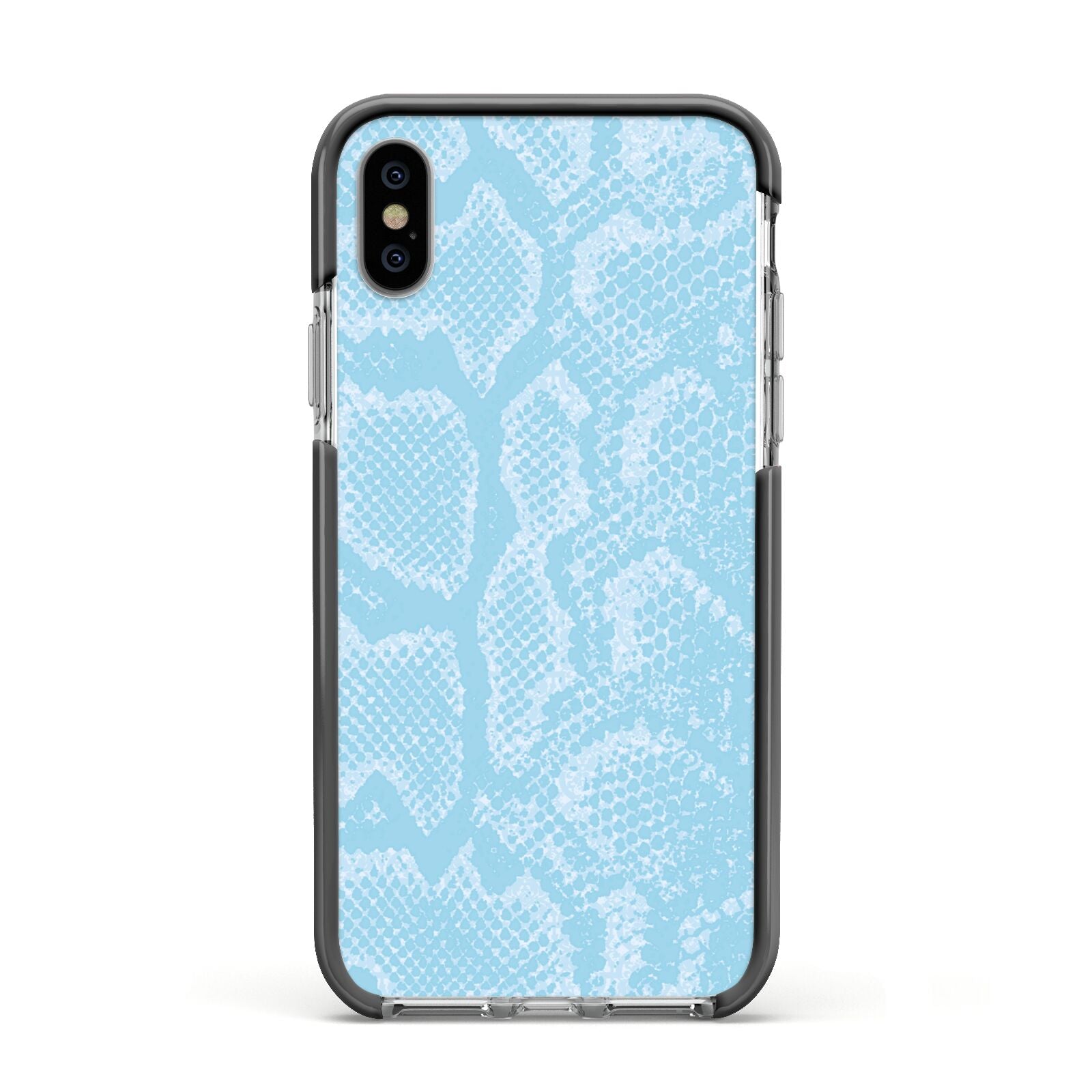 Blue Snakeskin Apple iPhone Xs Impact Case Black Edge on Silver Phone