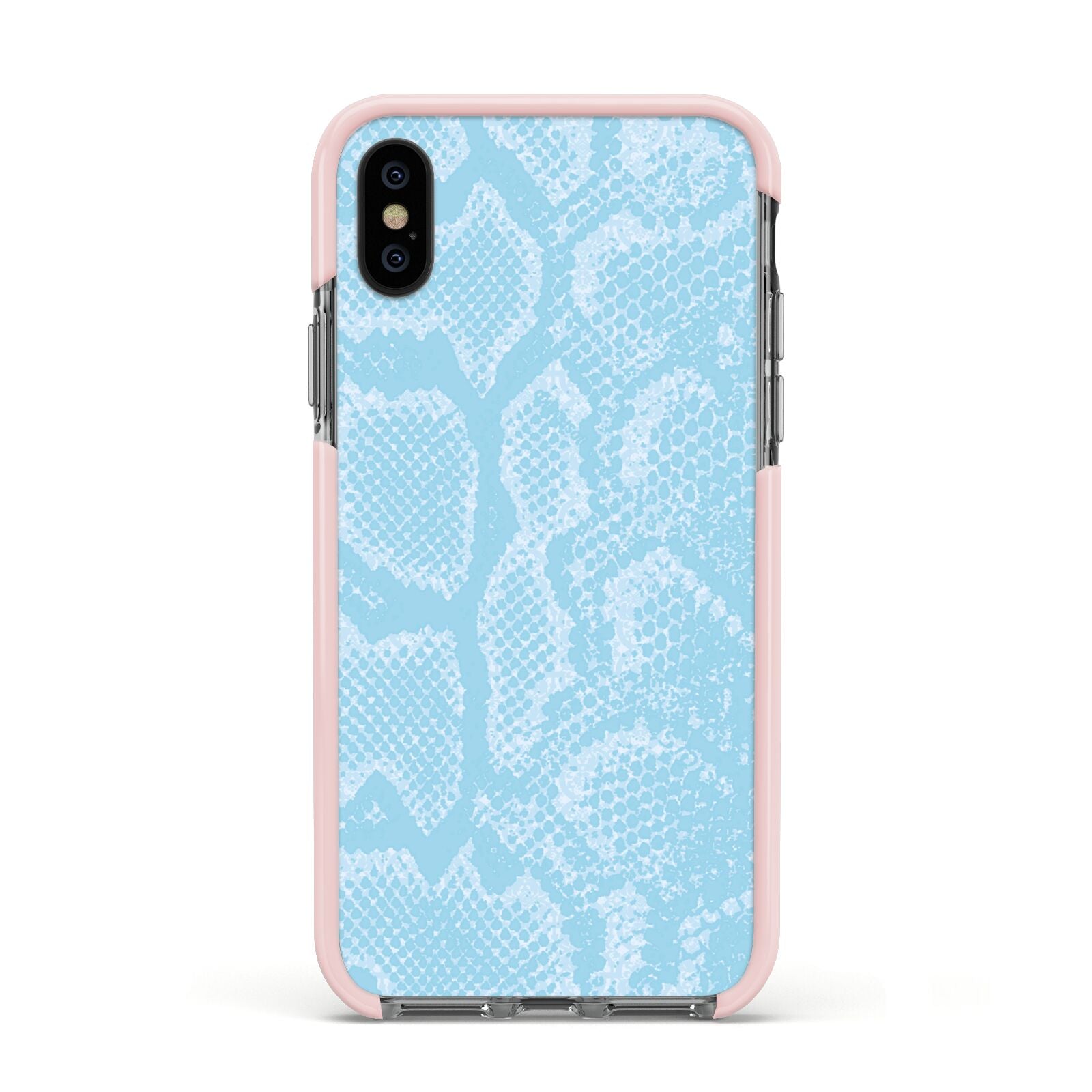 Blue Snakeskin Apple iPhone Xs Impact Case Pink Edge on Black Phone