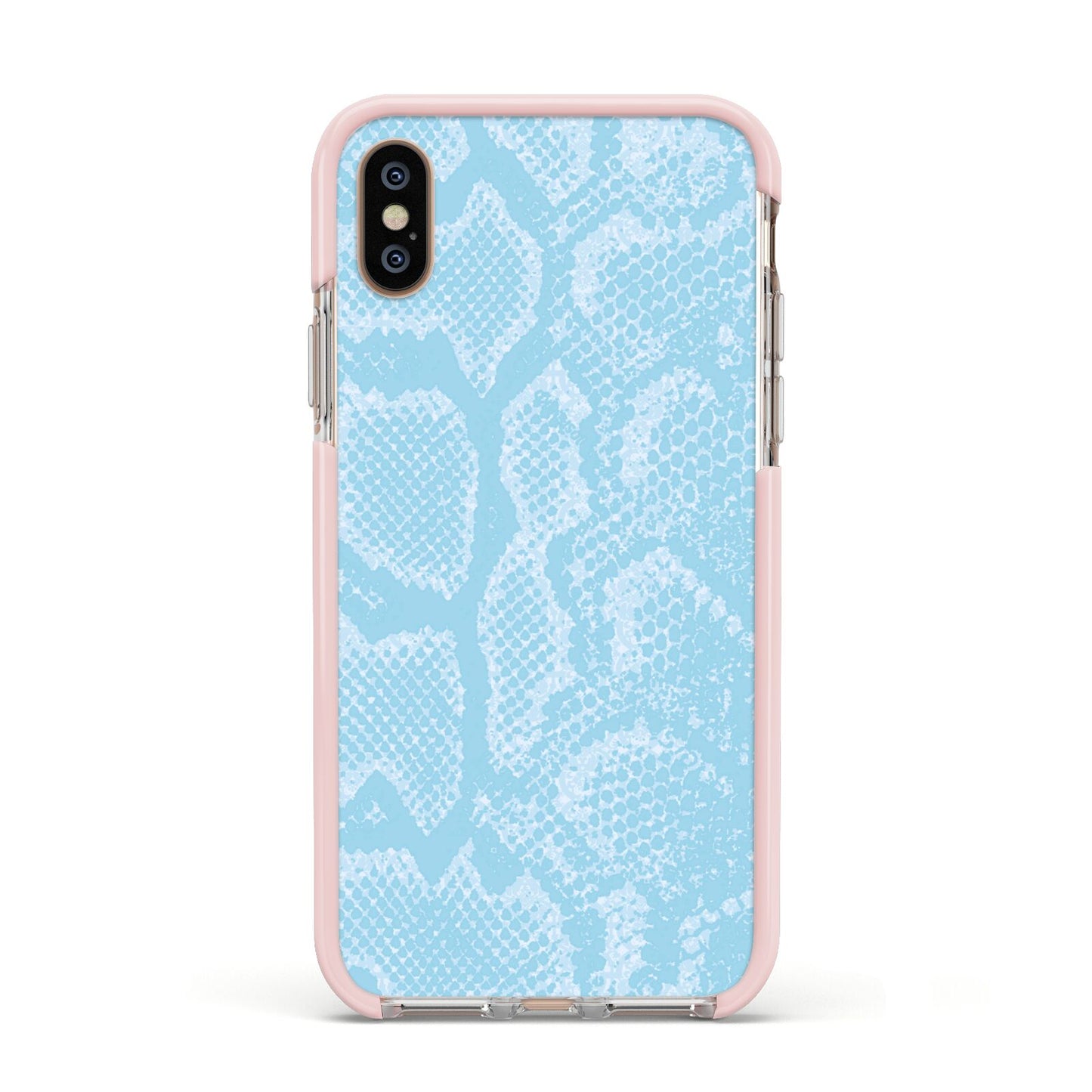 Blue Snakeskin Apple iPhone Xs Impact Case Pink Edge on Gold Phone