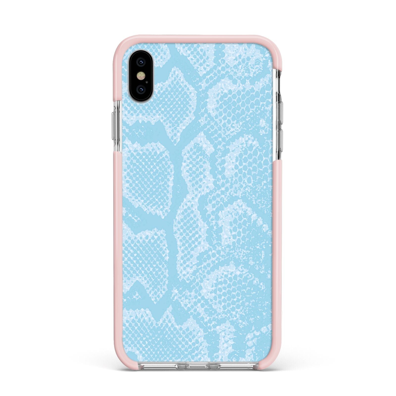 Blue Snakeskin Apple iPhone Xs Max Impact Case Pink Edge on Silver Phone