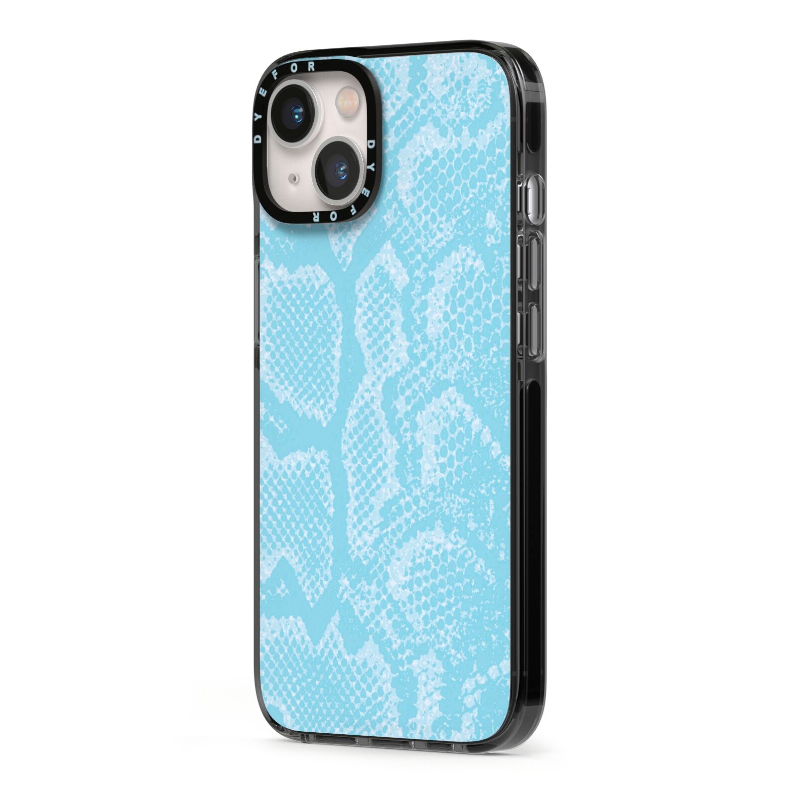 Blue Snakeskin iPhone 13 Black Impact Case Side Angle on Silver phone