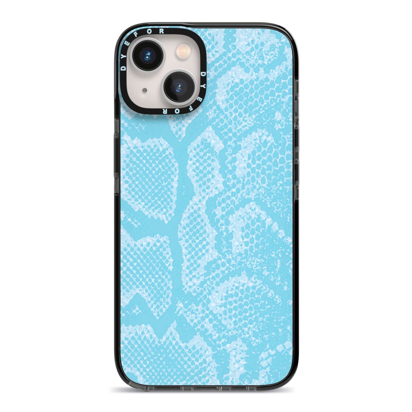 Blue Snakeskin iPhone 13 Black Impact Case on Silver phone