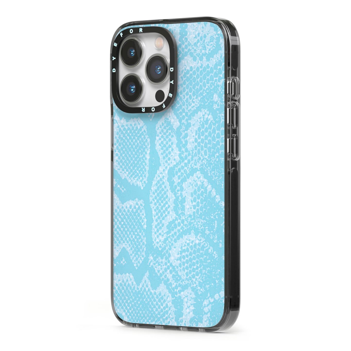 Blue Snakeskin iPhone 13 Pro Black Impact Case Side Angle on Silver phone