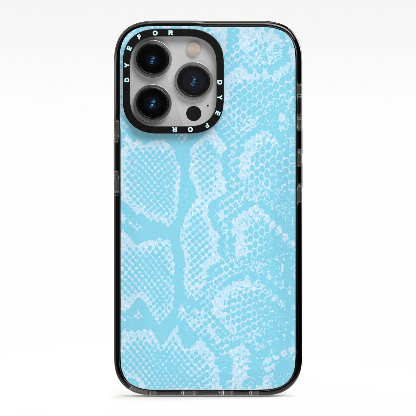 Blue Snakeskin iPhone 13 Pro Black Impact Case on Silver phone