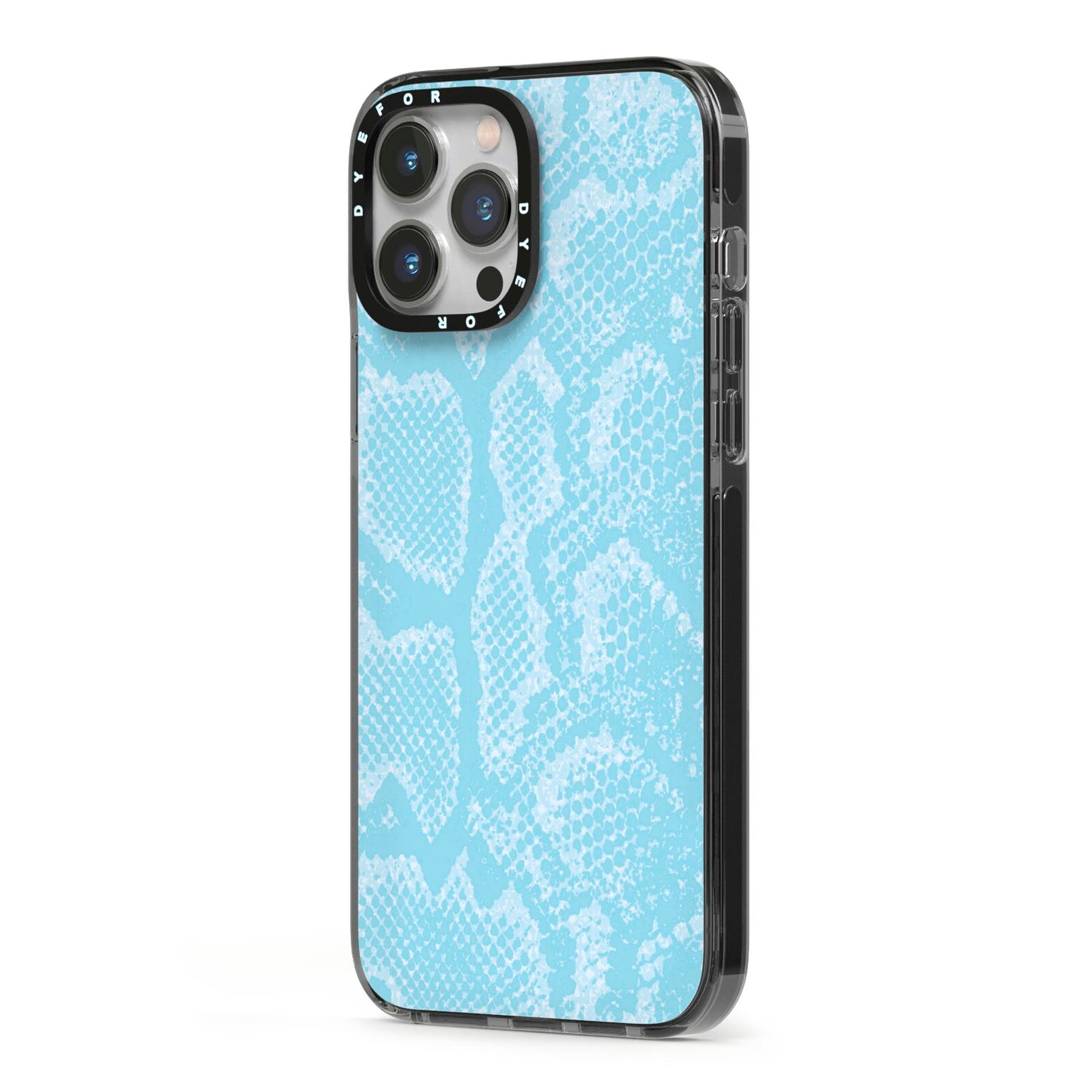 Blue Snakeskin iPhone 13 Pro Max Black Impact Case Side Angle on Silver phone