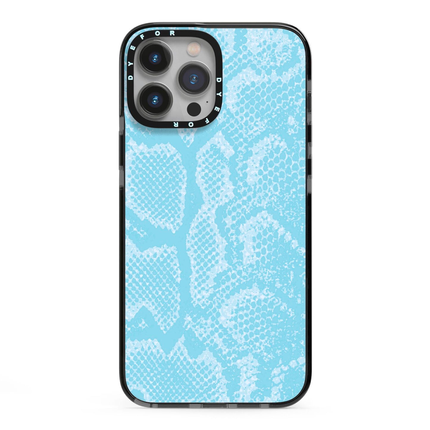 Blue Snakeskin iPhone 13 Pro Max Black Impact Case on Silver phone