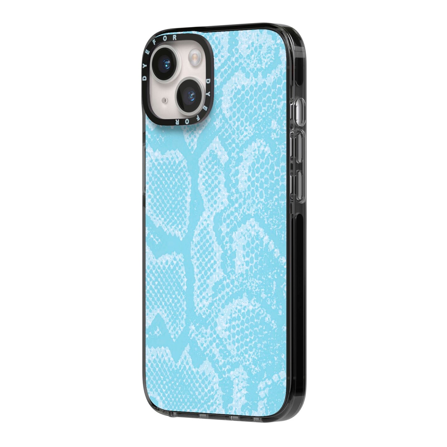 Blue Snakeskin iPhone 14 Black Impact Case Side Angle on Silver phone