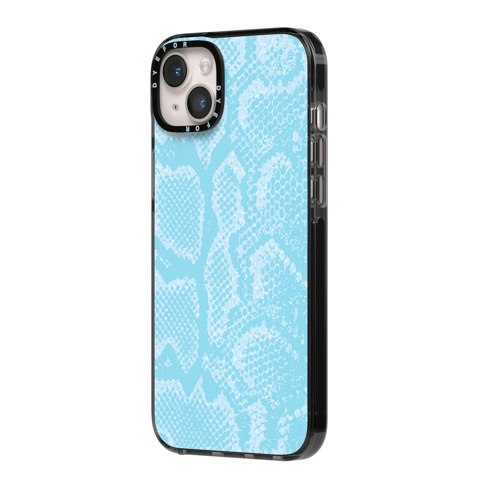 Blue Snakeskin iPhone 14 Plus Black Impact Case Side Angle on Silver phone