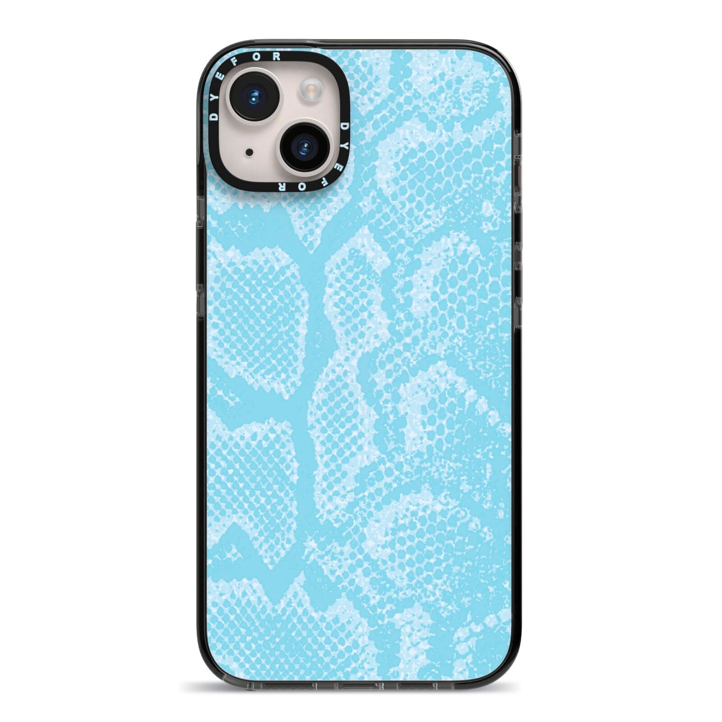 Blue Snakeskin iPhone 14 Plus Black Impact Case on Silver phone