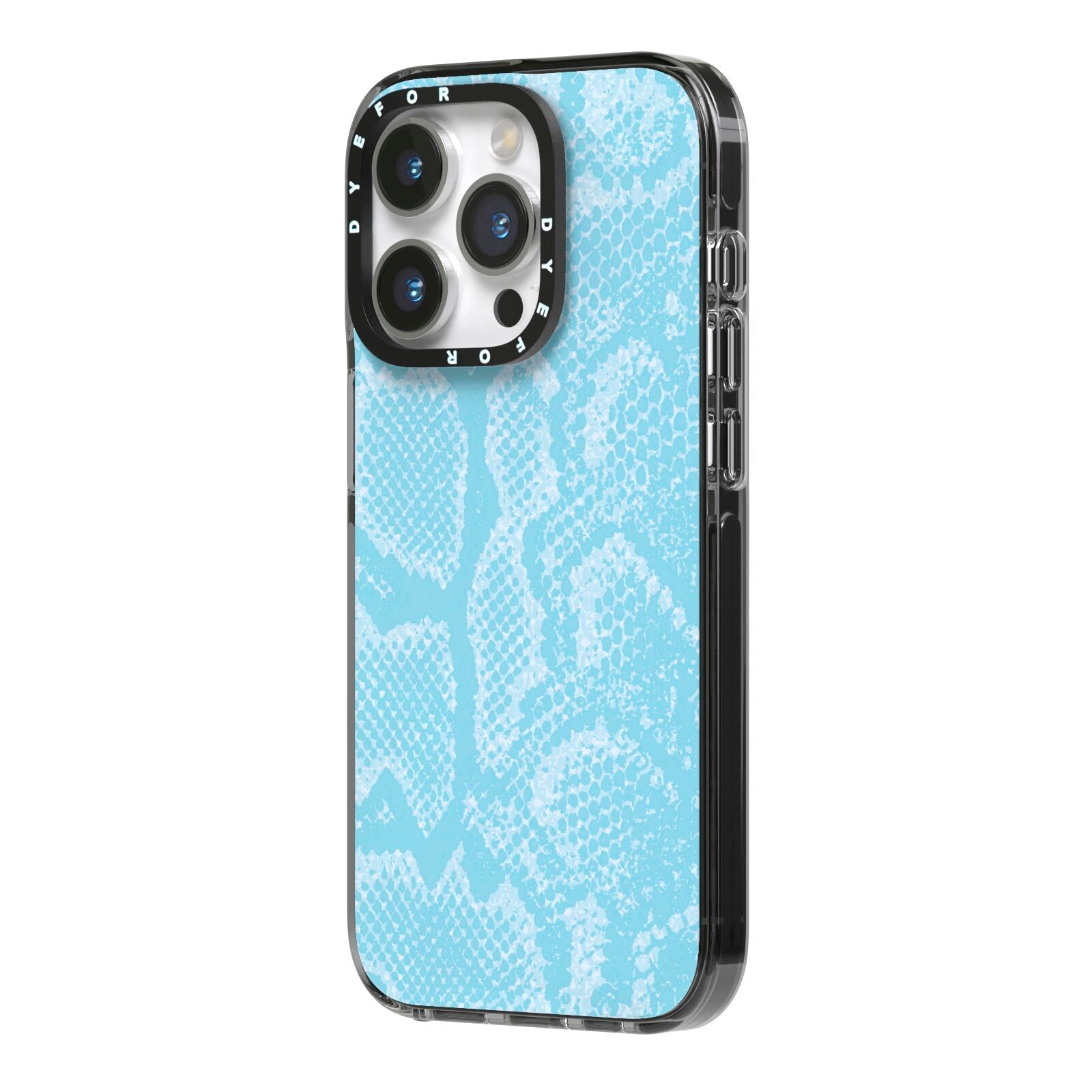 Blue Snakeskin iPhone 14 Pro Black Impact Case Side Angle on Silver phone