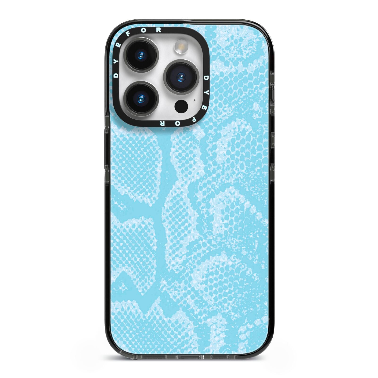 Blue Snakeskin iPhone 14 Pro Black Impact Case on Silver phone