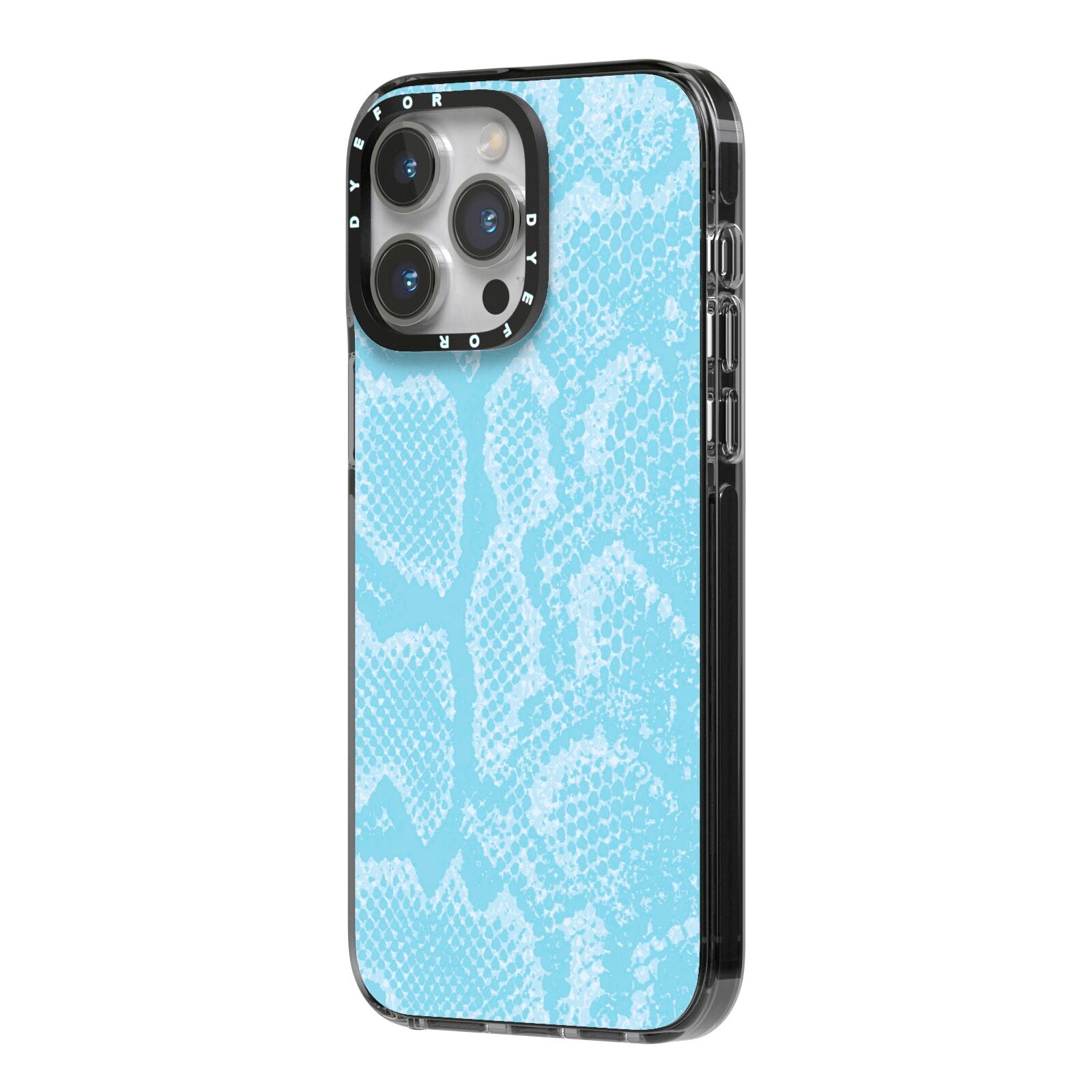 Blue Snakeskin iPhone 14 Pro Max Black Impact Case Side Angle on Silver phone