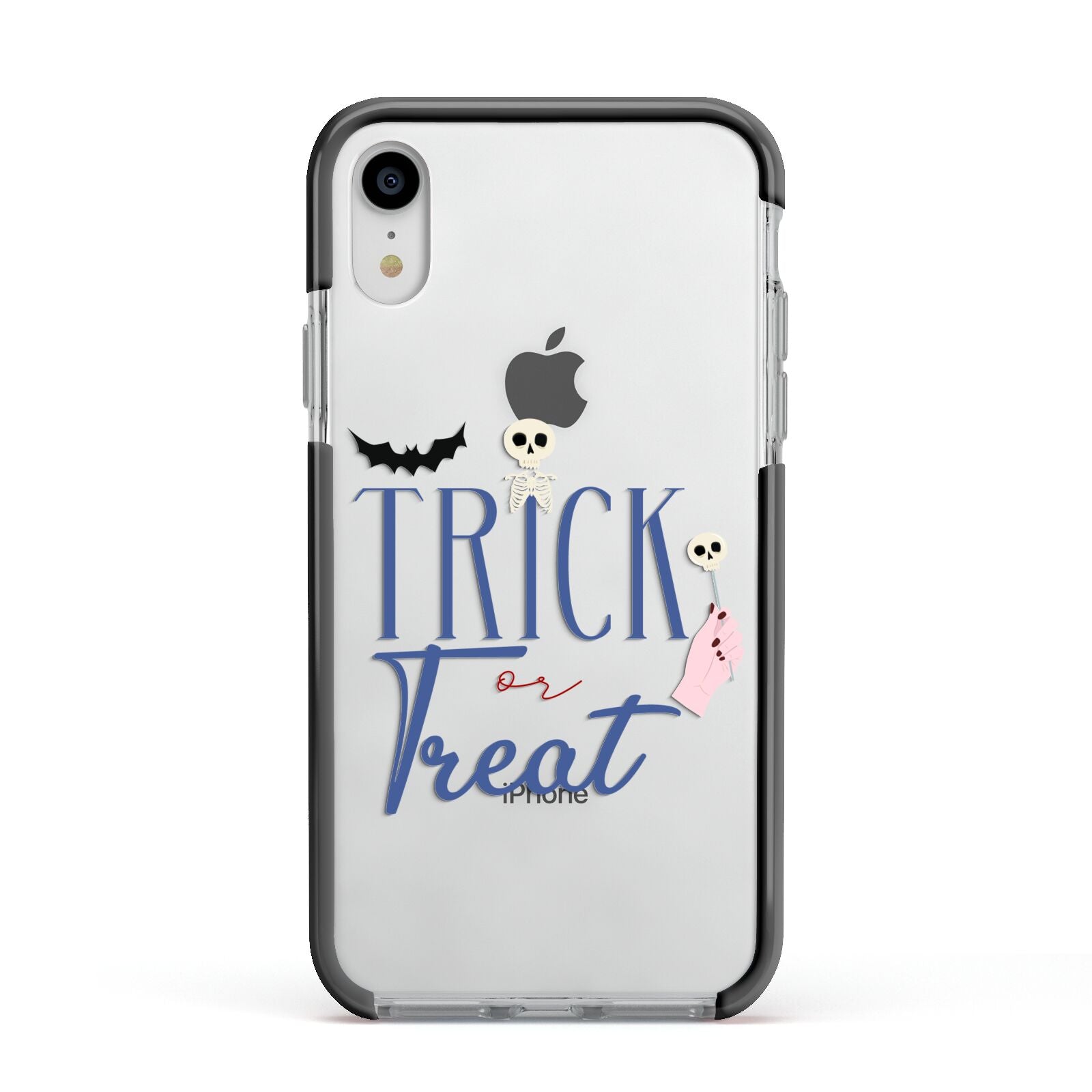 Blue Trick or Treat Apple iPhone XR Impact Case Black Edge on Silver Phone