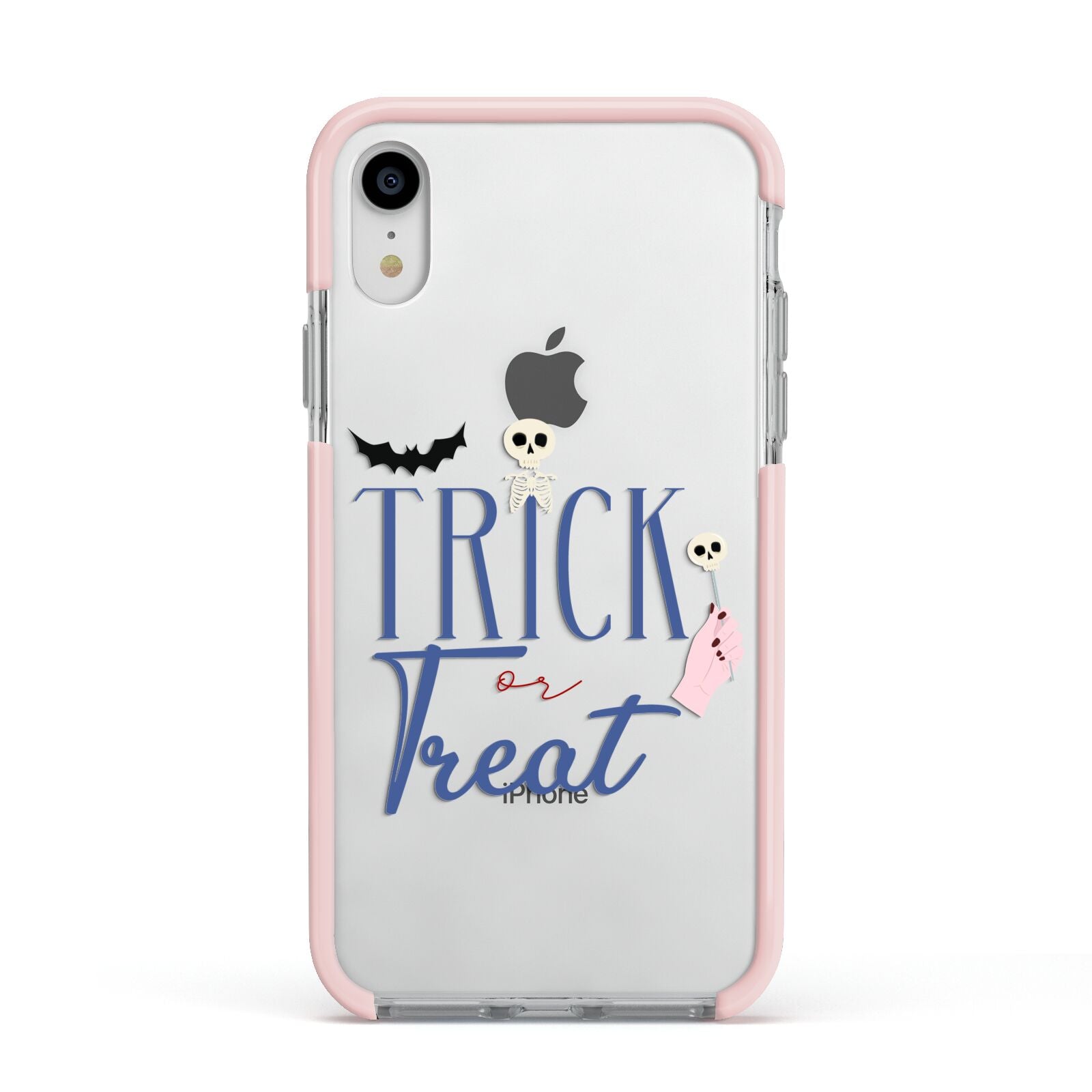 Blue Trick or Treat Apple iPhone XR Impact Case Pink Edge on Silver Phone