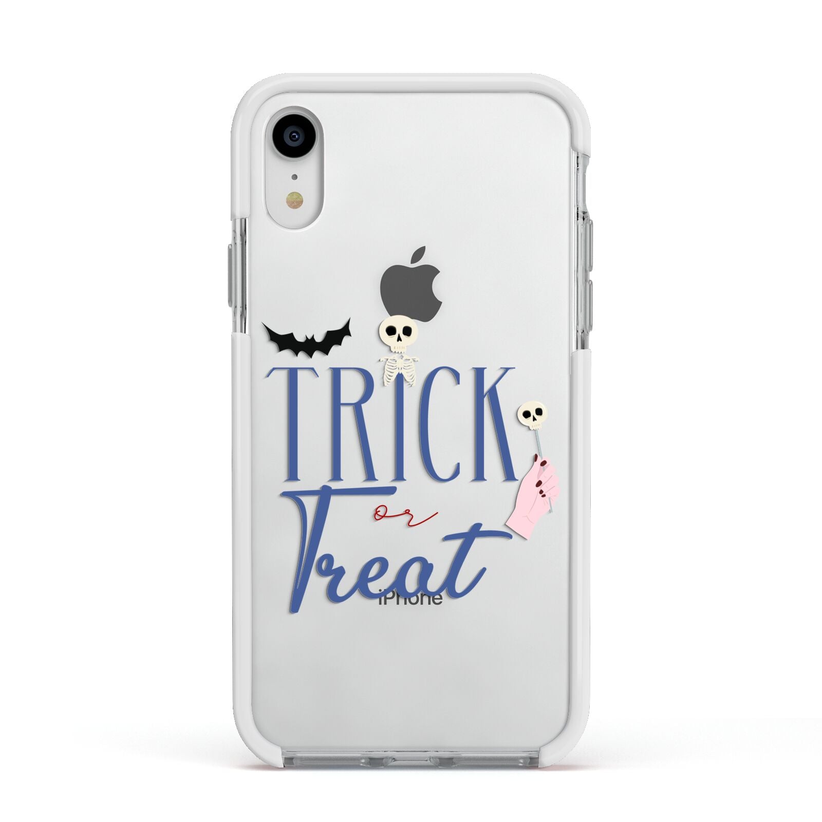 Blue Trick or Treat Apple iPhone XR Impact Case White Edge on Silver Phone