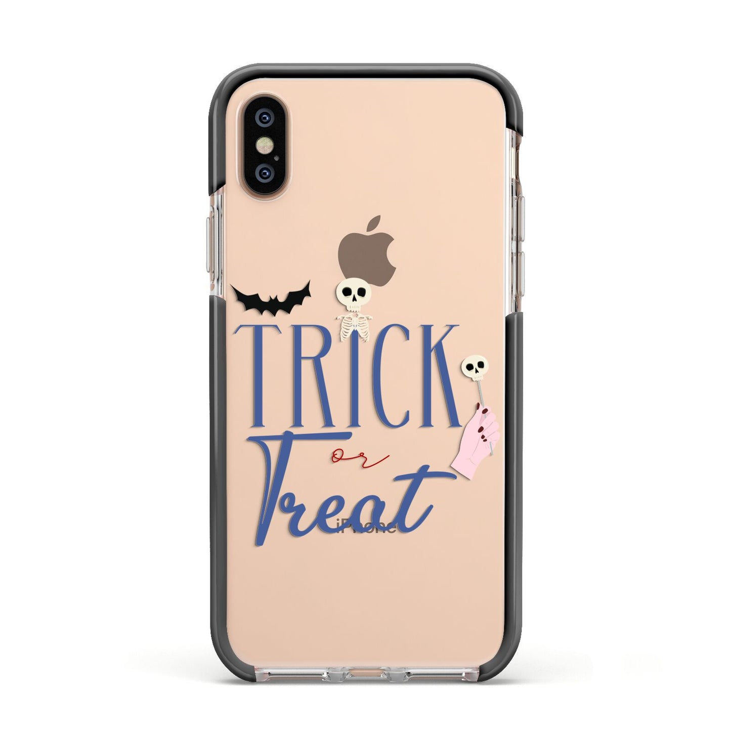 Blue Trick or Treat Apple iPhone Xs Impact Case Black Edge on Gold Phone