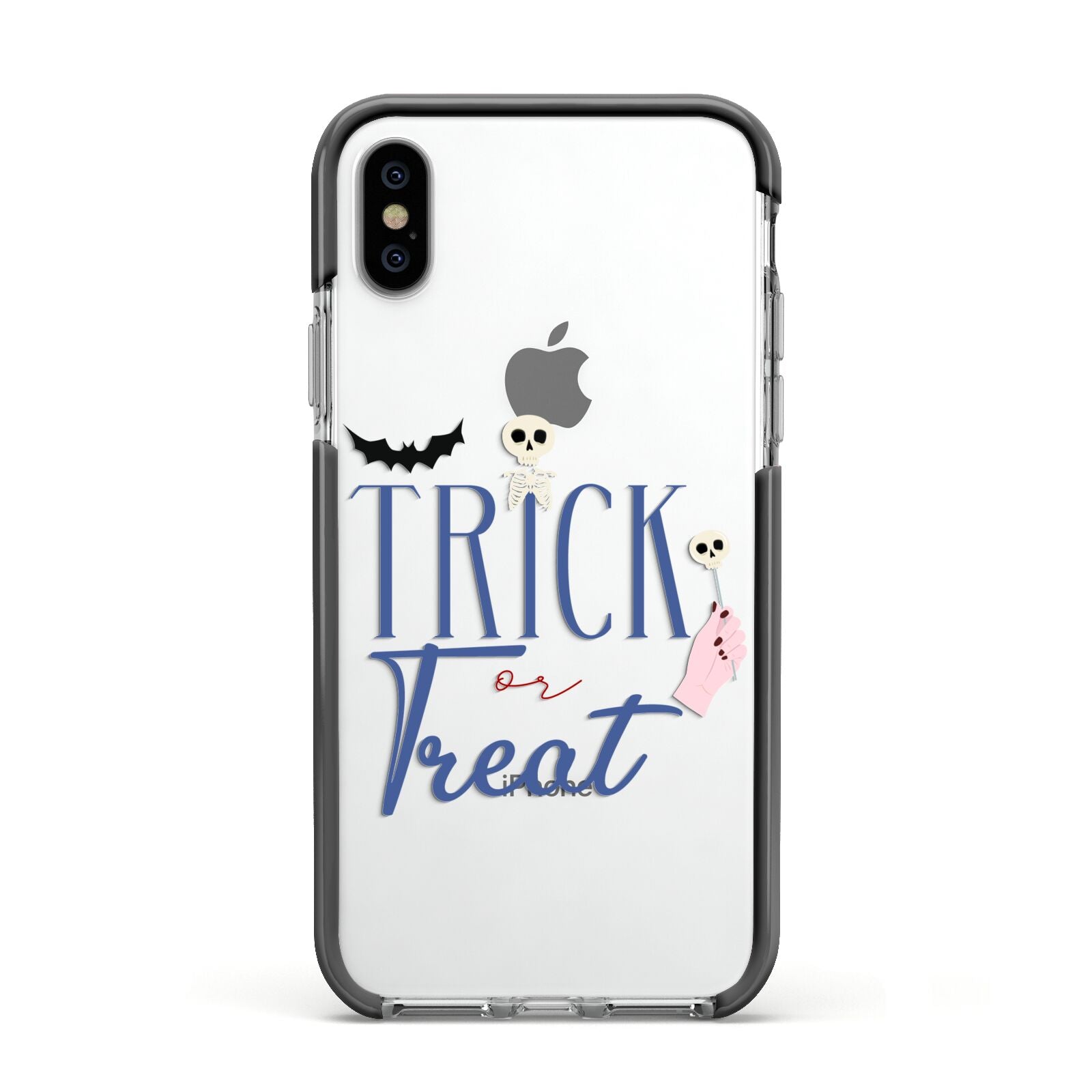 Blue Trick or Treat Apple iPhone Xs Impact Case Black Edge on Silver Phone