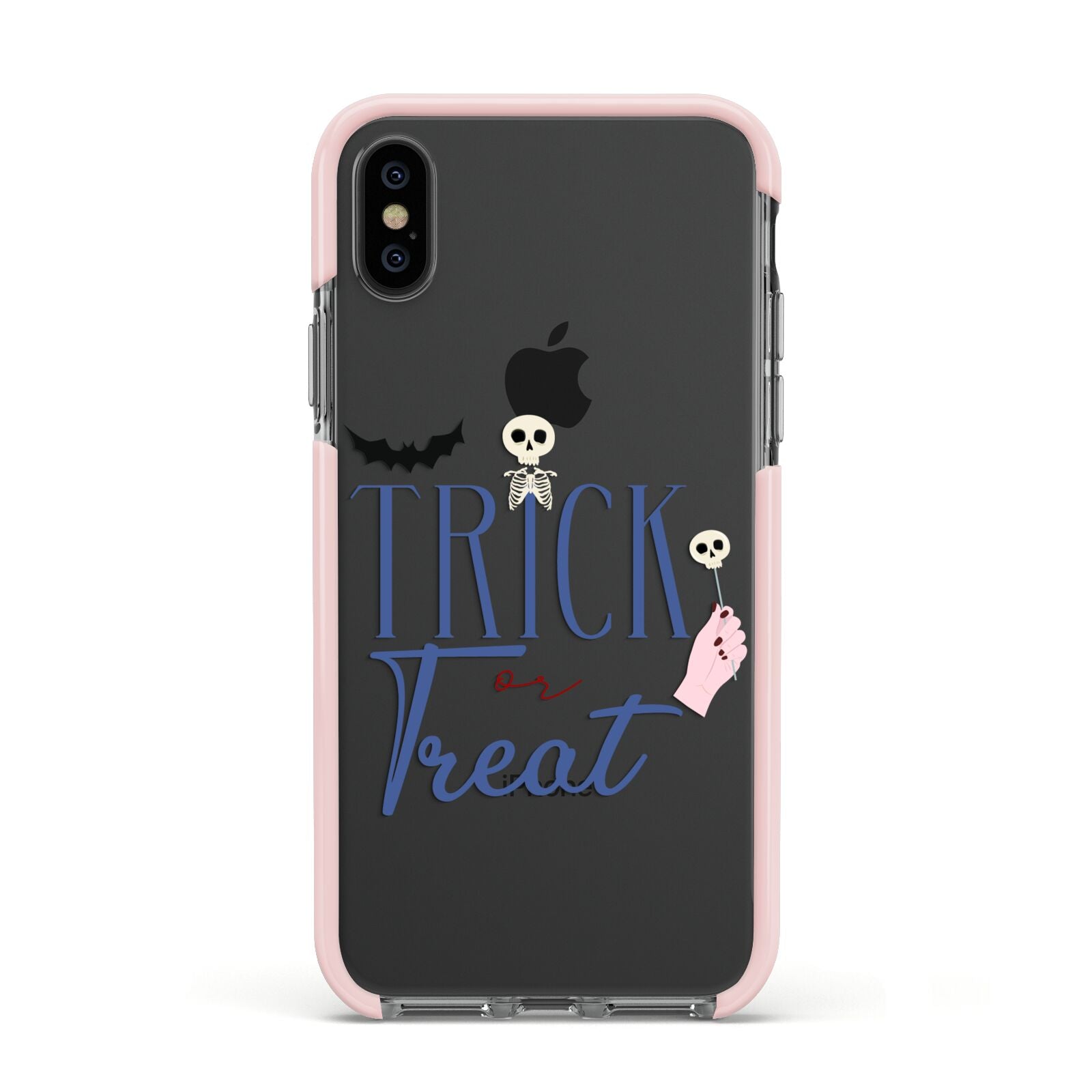 Blue Trick or Treat Apple iPhone Xs Impact Case Pink Edge on Black Phone