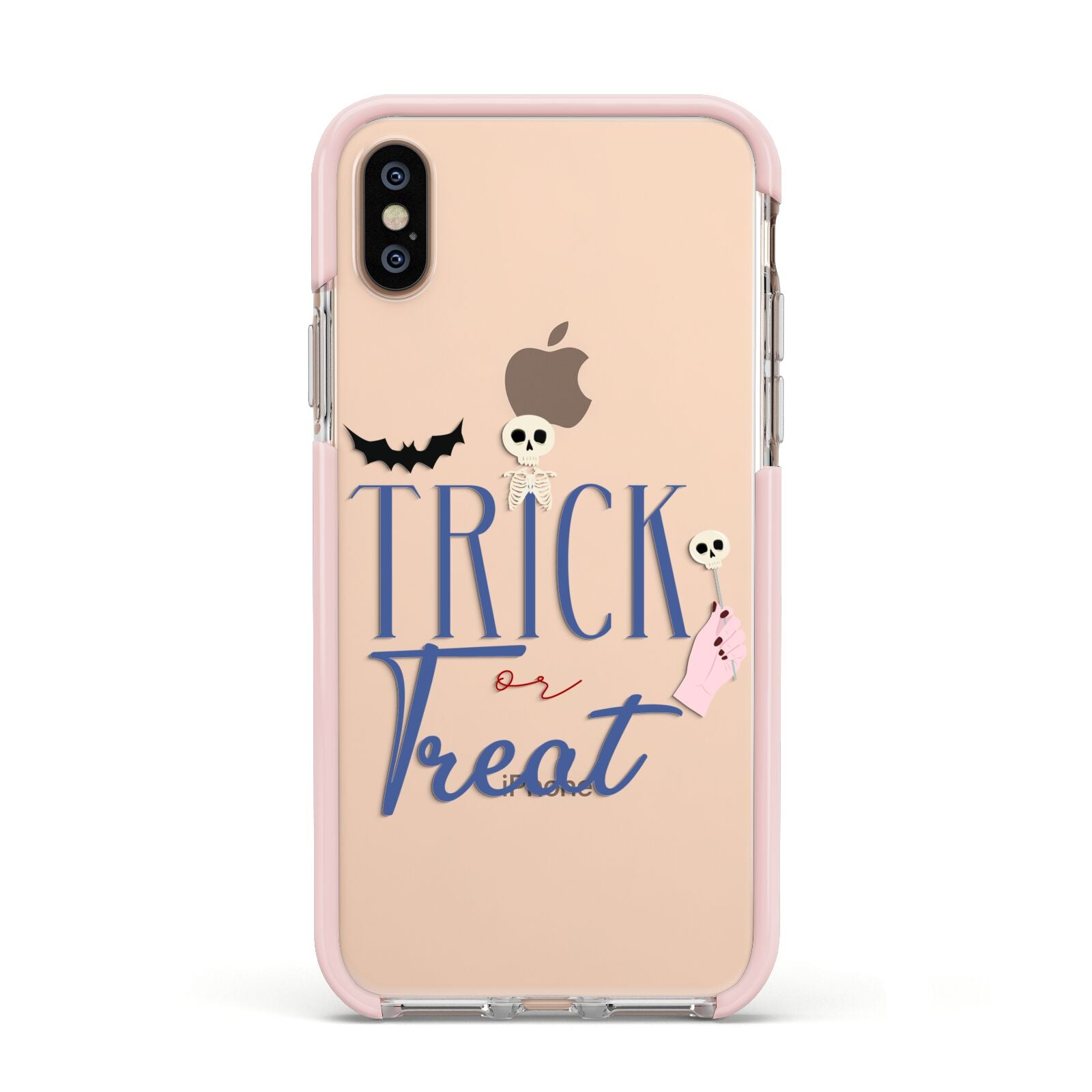 Blue Trick or Treat Apple iPhone Xs Impact Case Pink Edge on Gold Phone