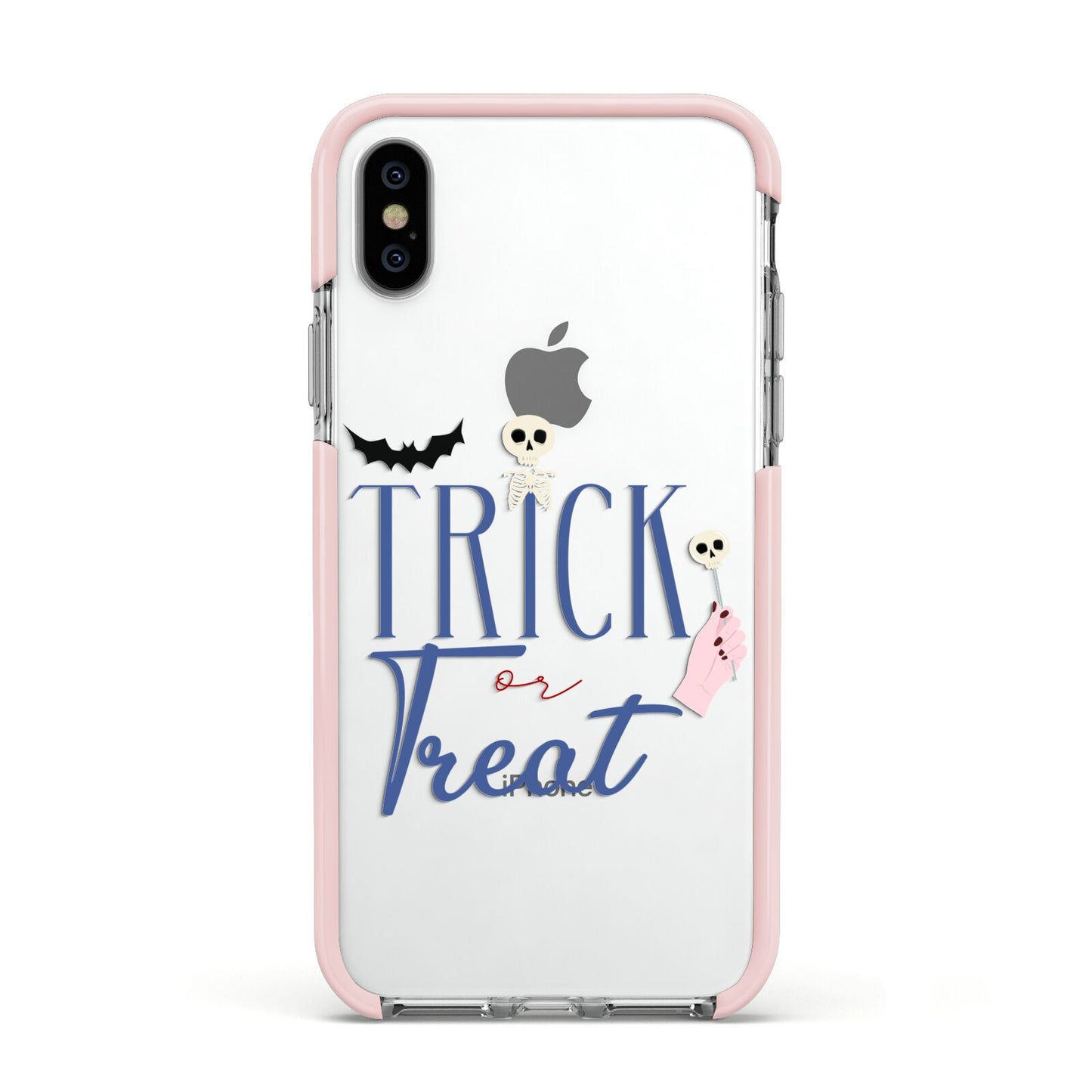 Blue Trick or Treat Apple iPhone Xs Impact Case Pink Edge on Silver Phone