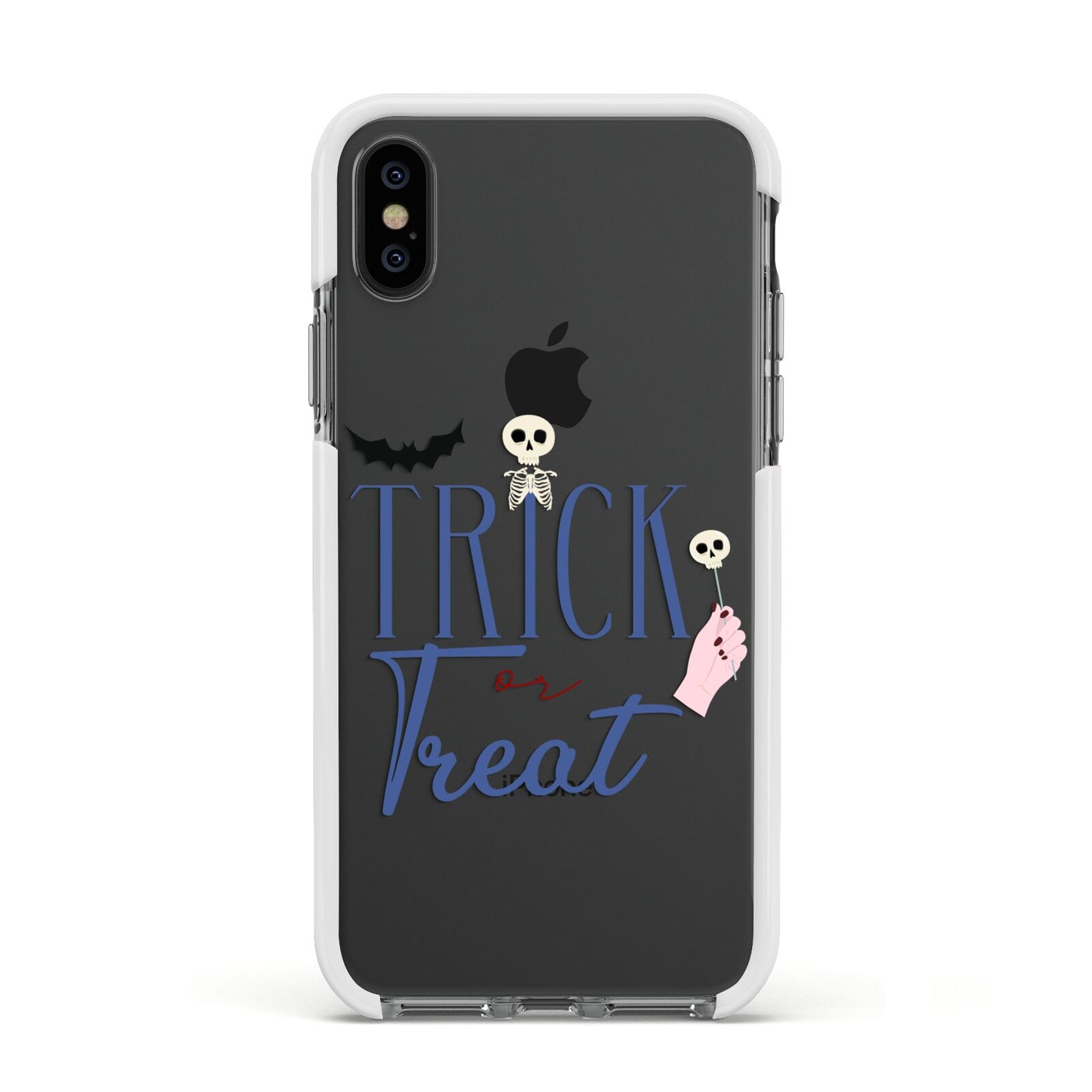 Blue Trick or Treat Apple iPhone Xs Impact Case White Edge on Black Phone