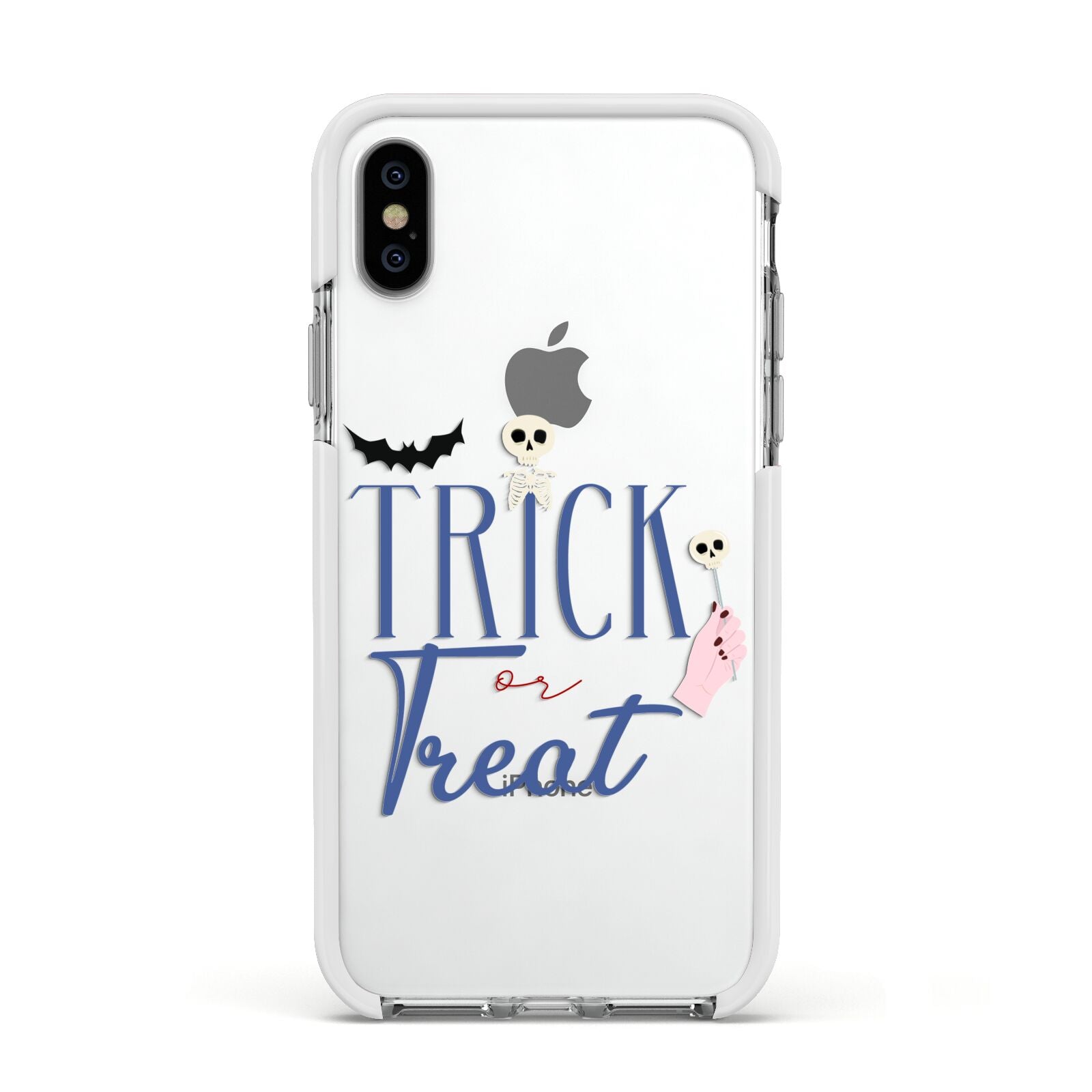 Blue Trick or Treat Apple iPhone Xs Impact Case White Edge on Silver Phone