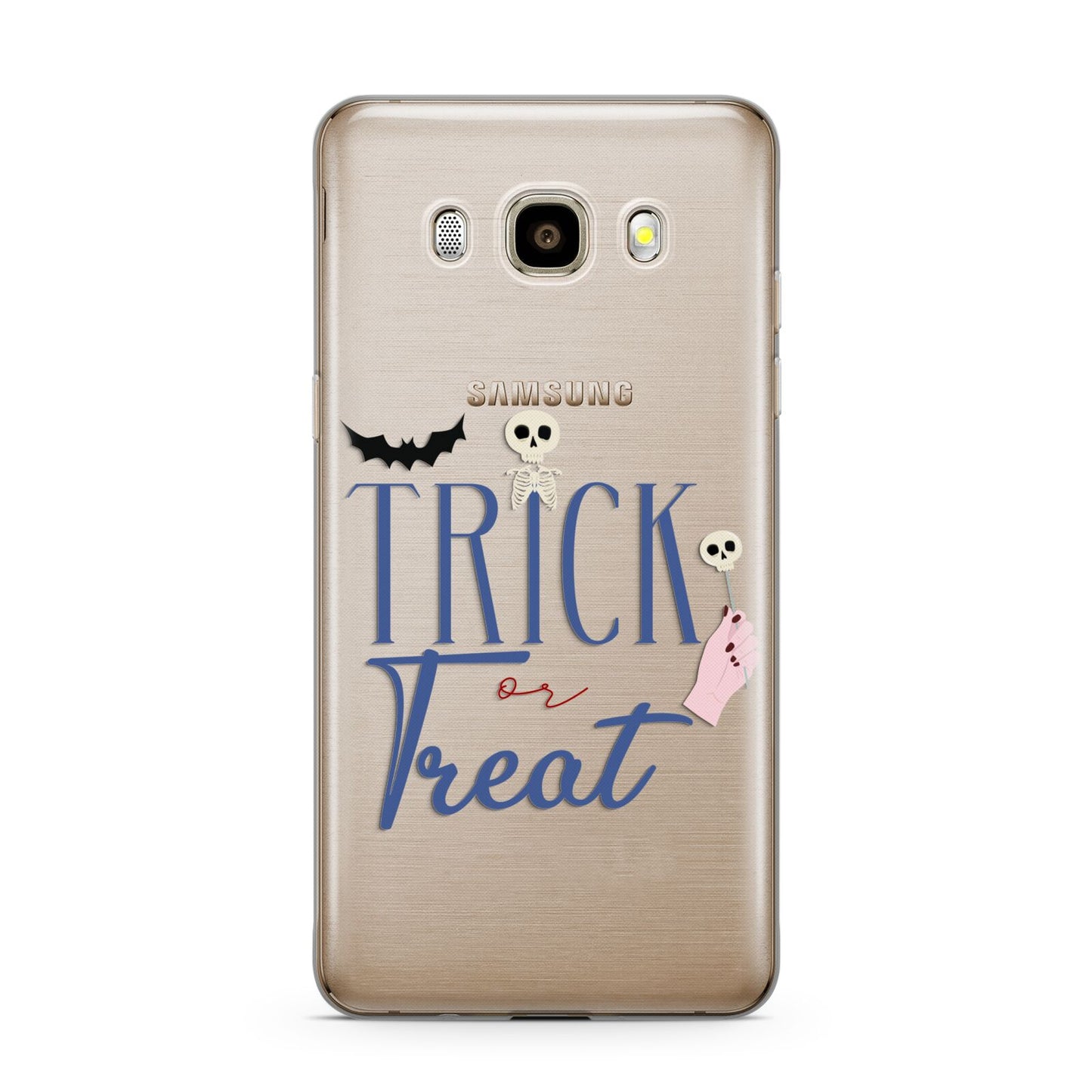 Blue Trick or Treat Samsung Galaxy J7 2016 Case on gold phone