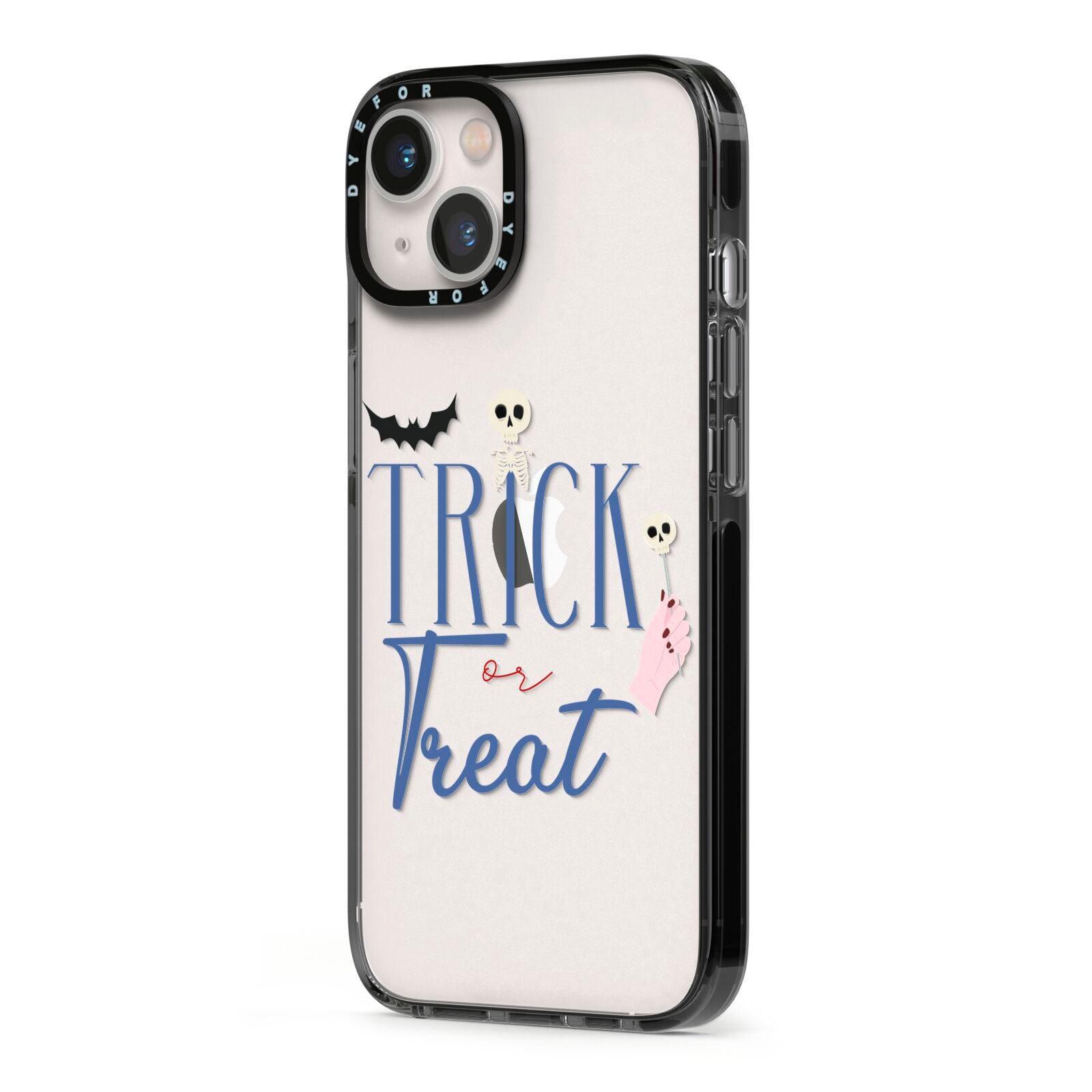 Blue Trick or Treat iPhone 13 Black Impact Case Side Angle on Silver phone