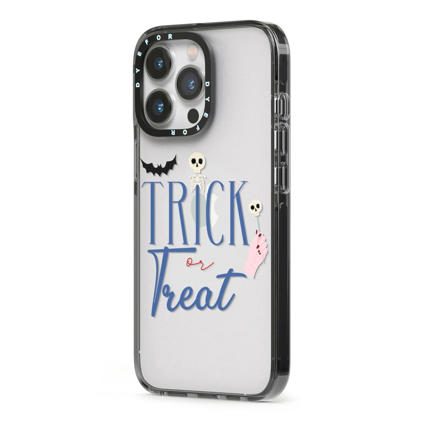 Blue Trick or Treat iPhone 13 Pro Black Impact Case Side Angle on Silver phone