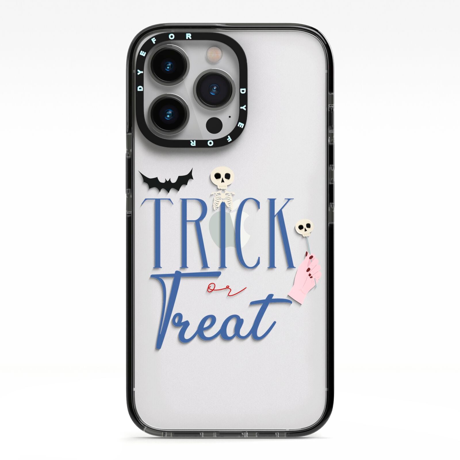 Blue Trick or Treat iPhone 13 Pro Black Impact Case on Silver phone