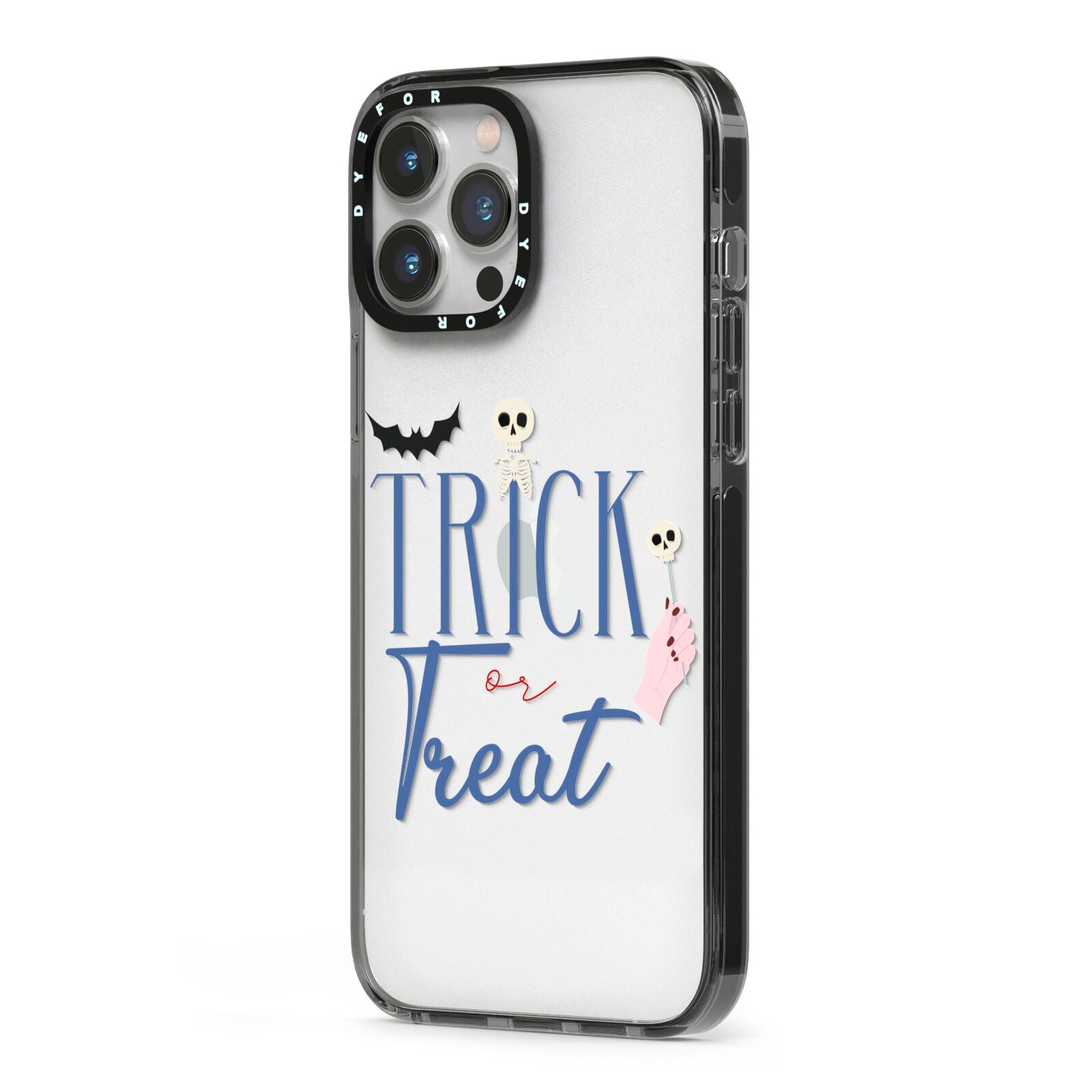 Blue Trick or Treat iPhone 13 Pro Max Black Impact Case Side Angle on Silver phone