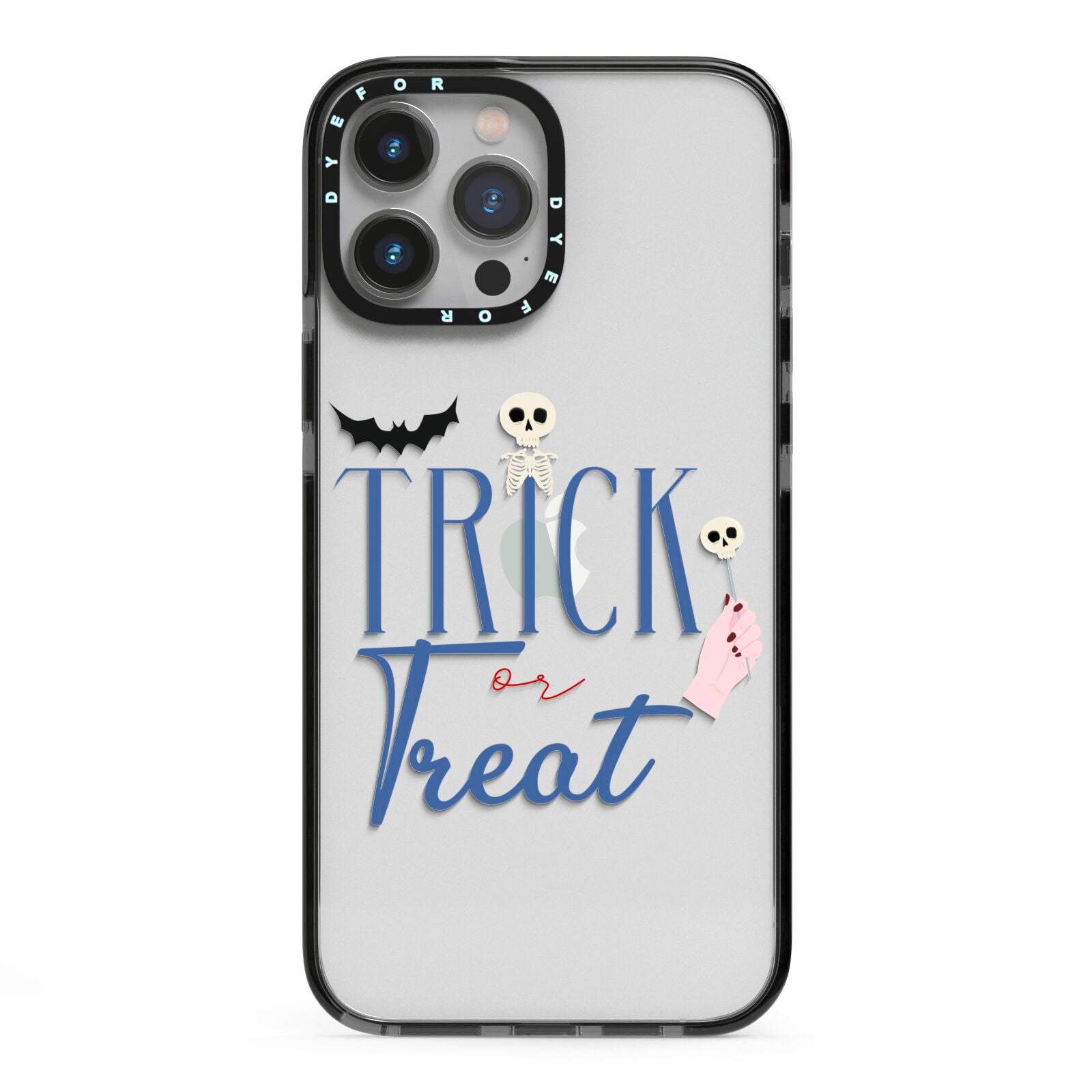 Blue Trick or Treat iPhone 13 Pro Max Black Impact Case on Silver phone