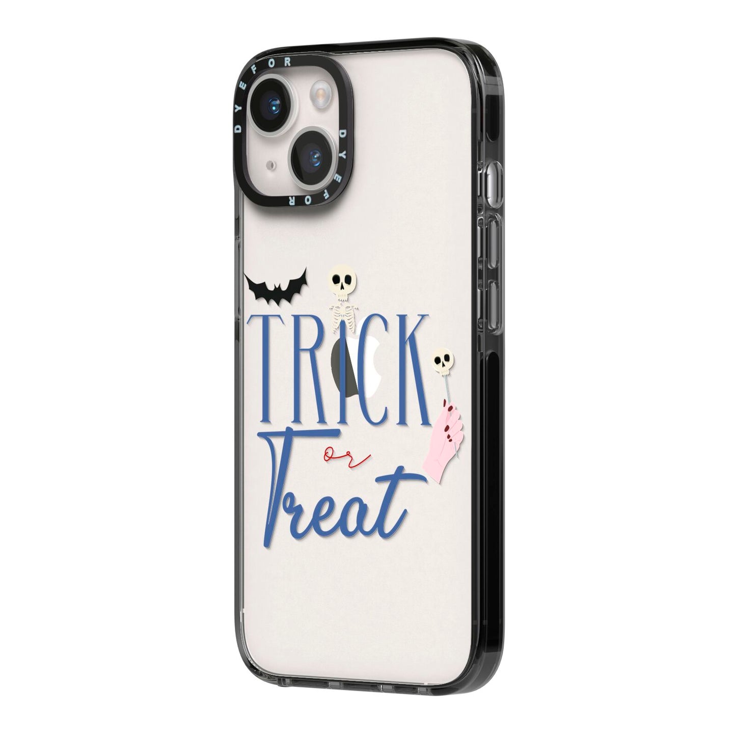 Blue Trick or Treat iPhone 14 Black Impact Case Side Angle on Silver phone