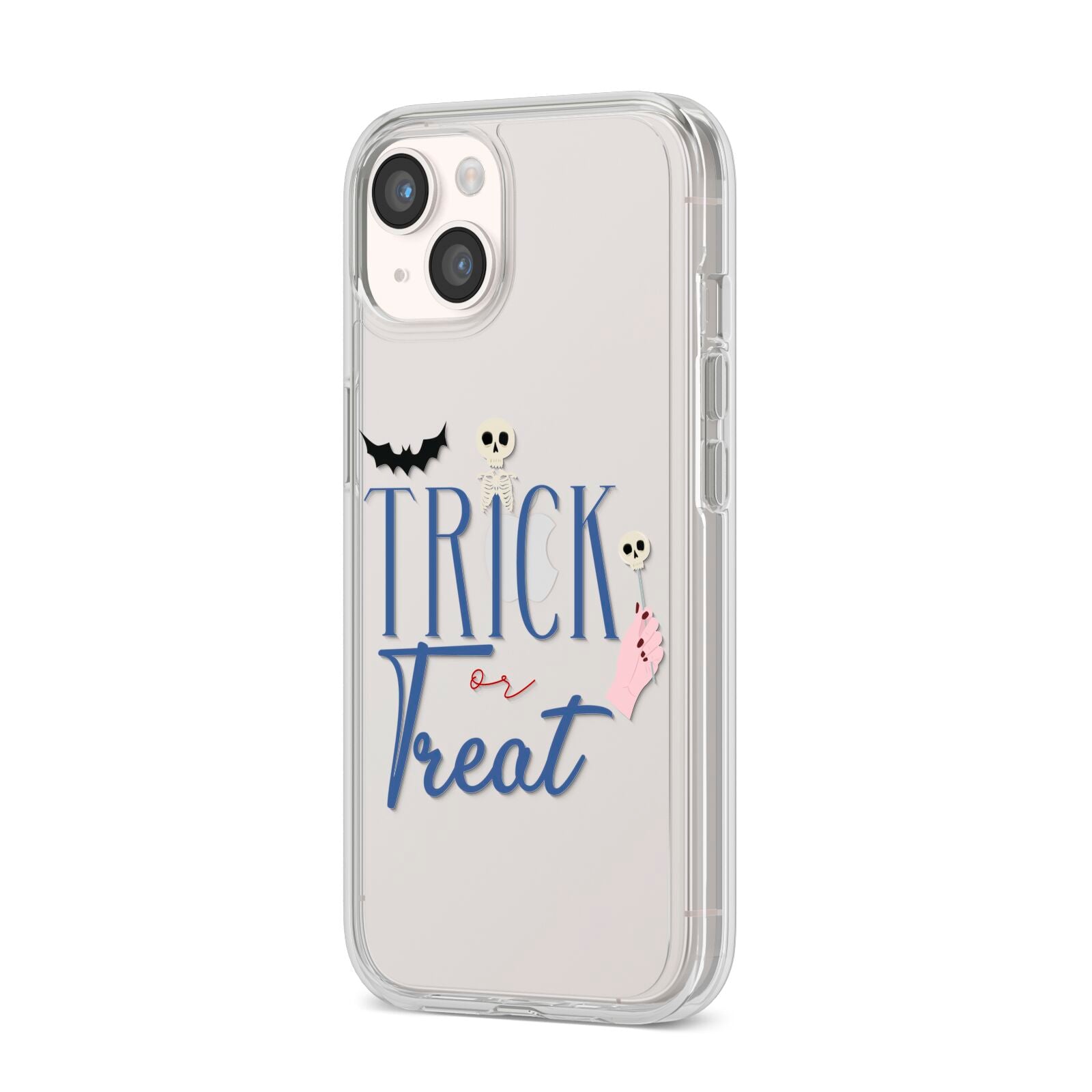 Blue Trick or Treat iPhone 14 Clear Tough Case Starlight Angled Image