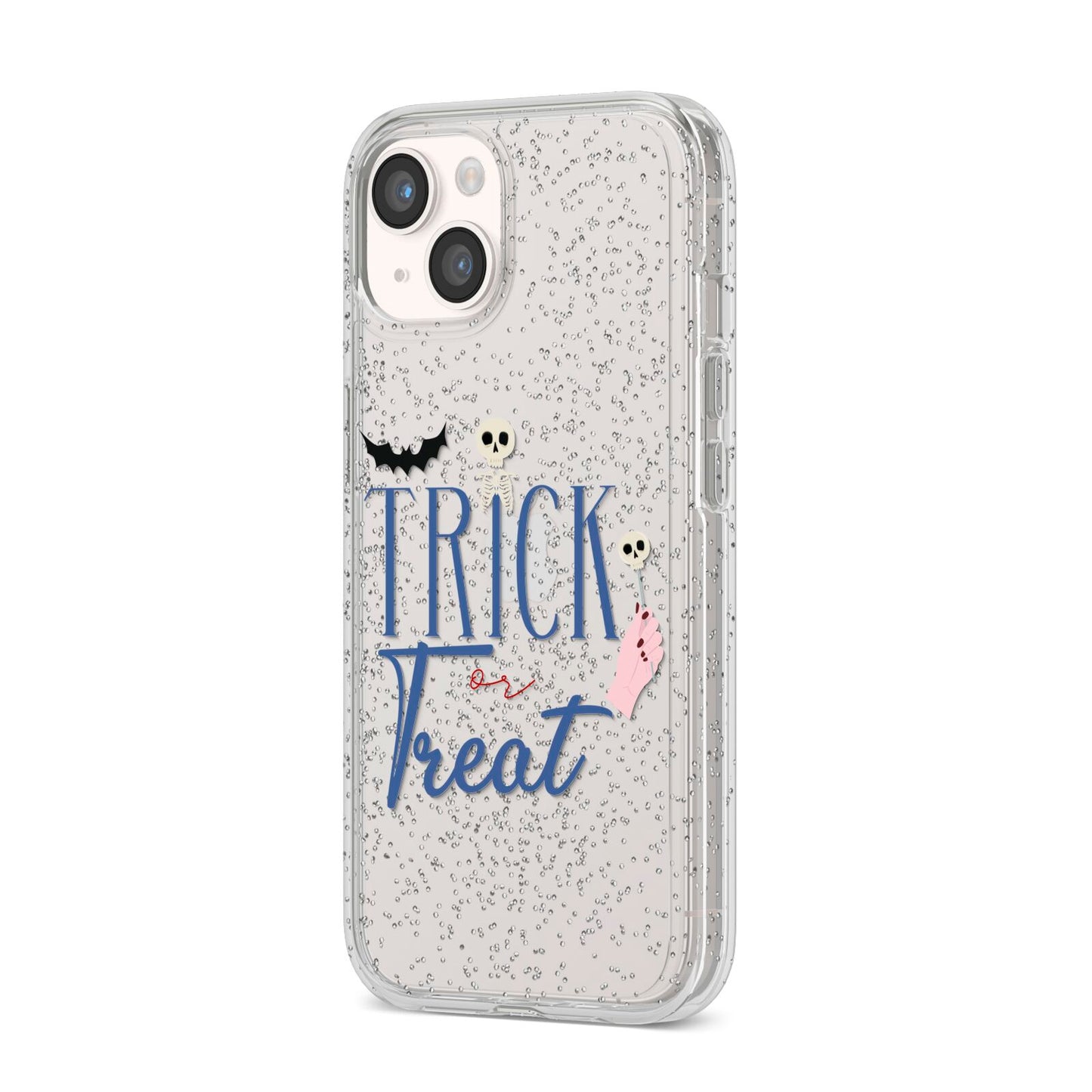 Blue Trick or Treat iPhone 14 Glitter Tough Case Starlight Angled Image