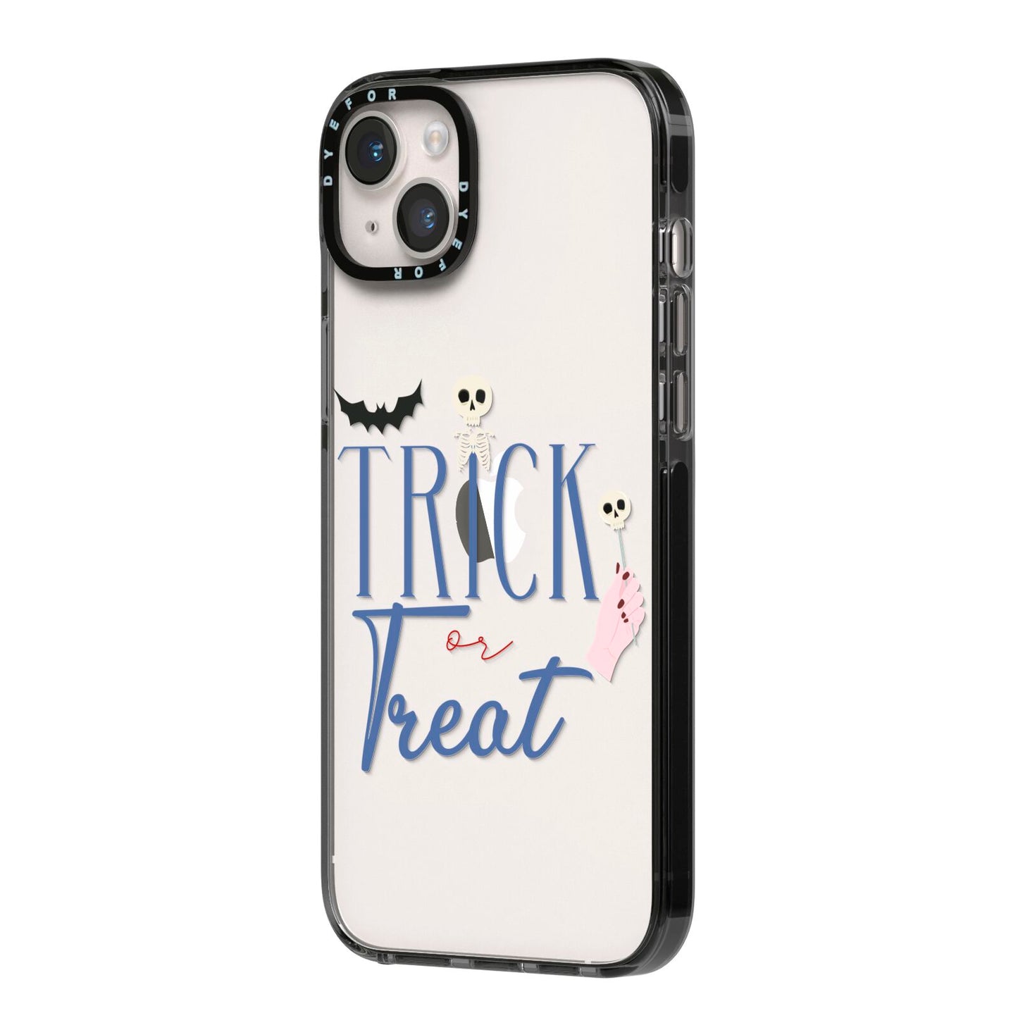 Blue Trick or Treat iPhone 14 Plus Black Impact Case Side Angle on Silver phone