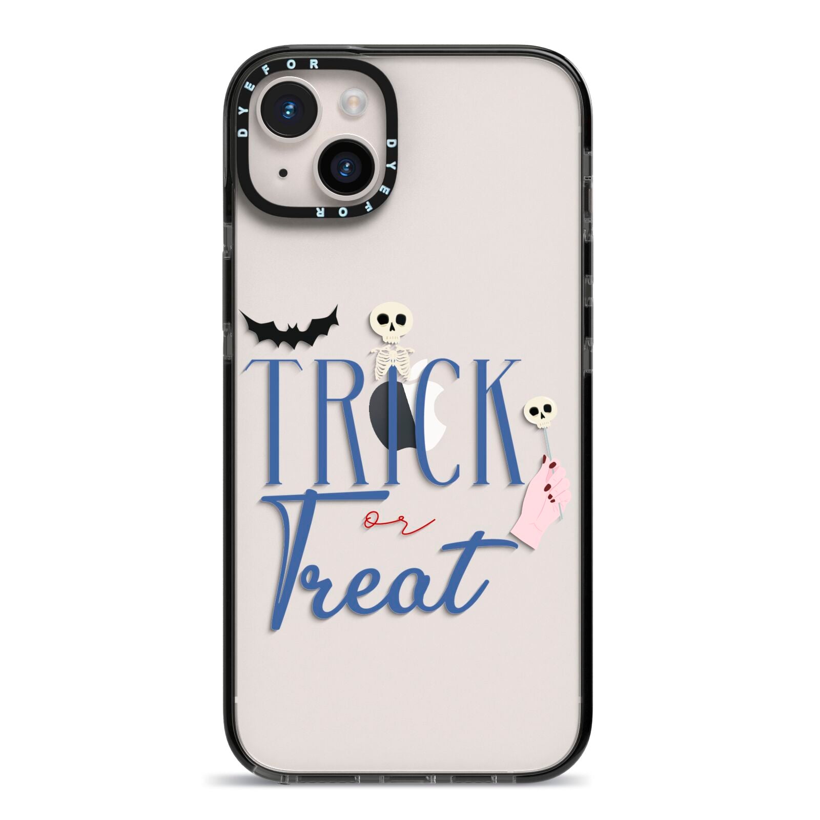 Blue Trick or Treat iPhone 14 Plus Black Impact Case on Silver phone