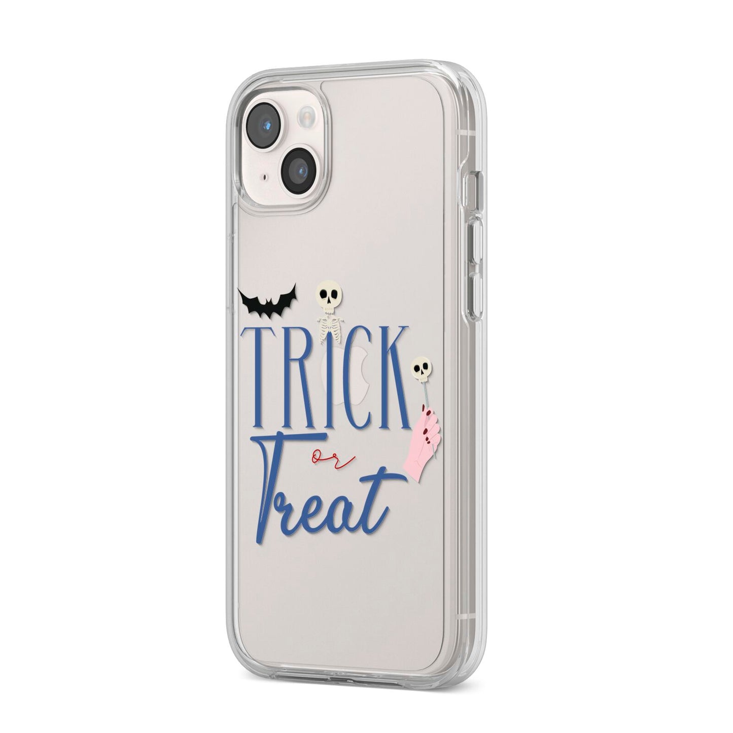 Blue Trick or Treat iPhone 14 Plus Clear Tough Case Starlight Angled Image