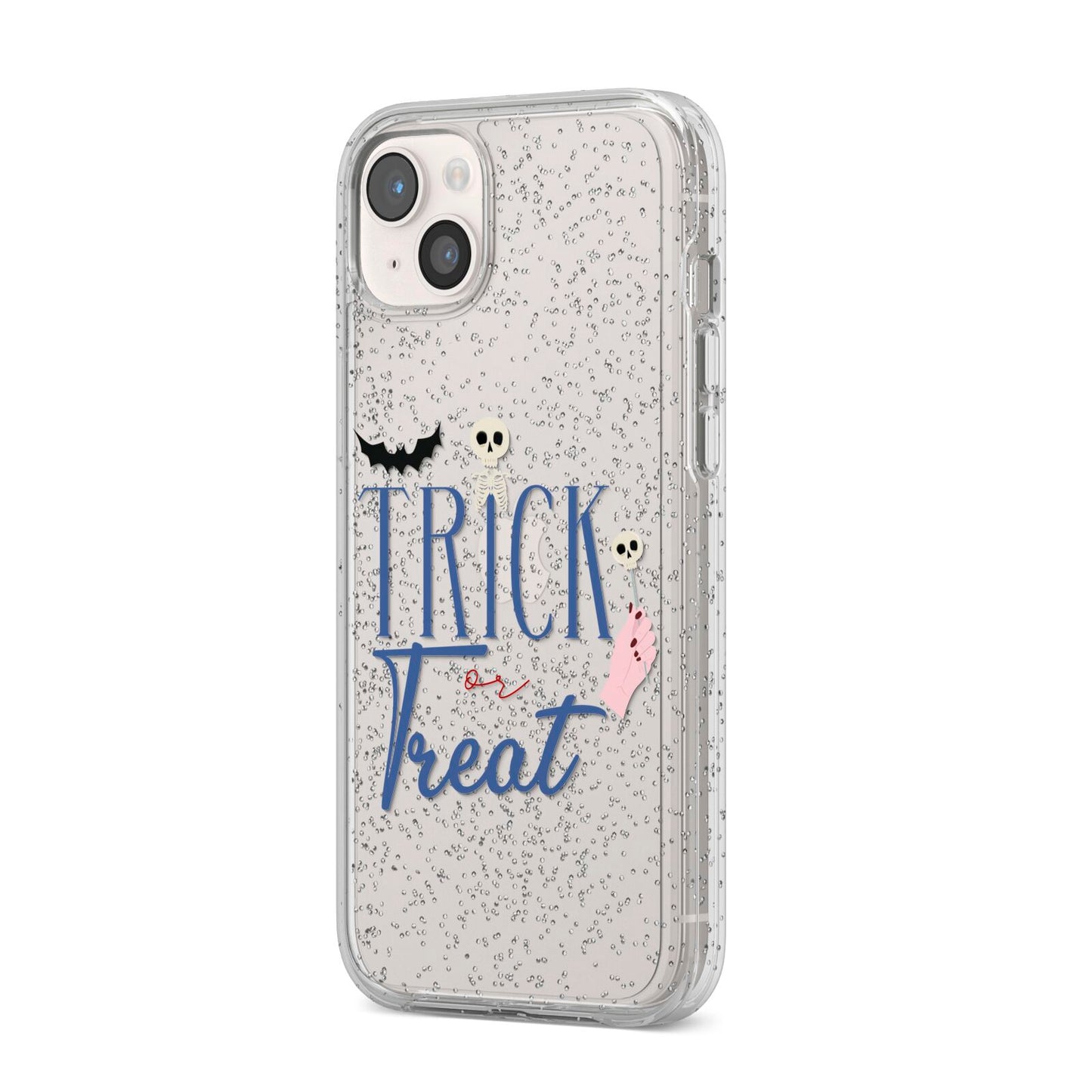 Blue Trick or Treat iPhone 14 Plus Glitter Tough Case Starlight Angled Image