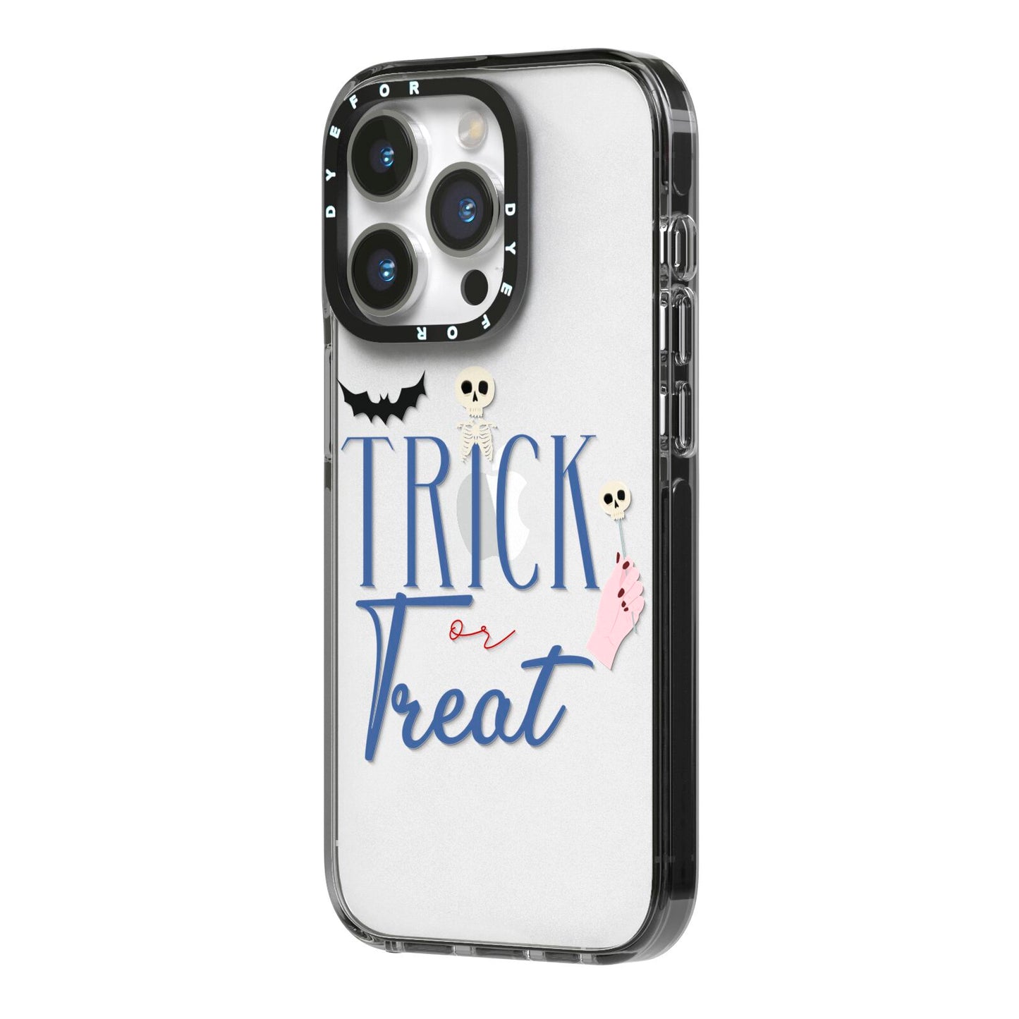 Blue Trick or Treat iPhone 14 Pro Black Impact Case Side Angle on Silver phone