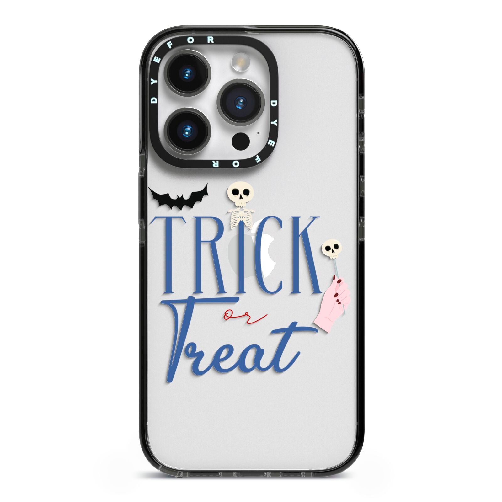 Blue Trick or Treat iPhone 14 Pro Black Impact Case on Silver phone