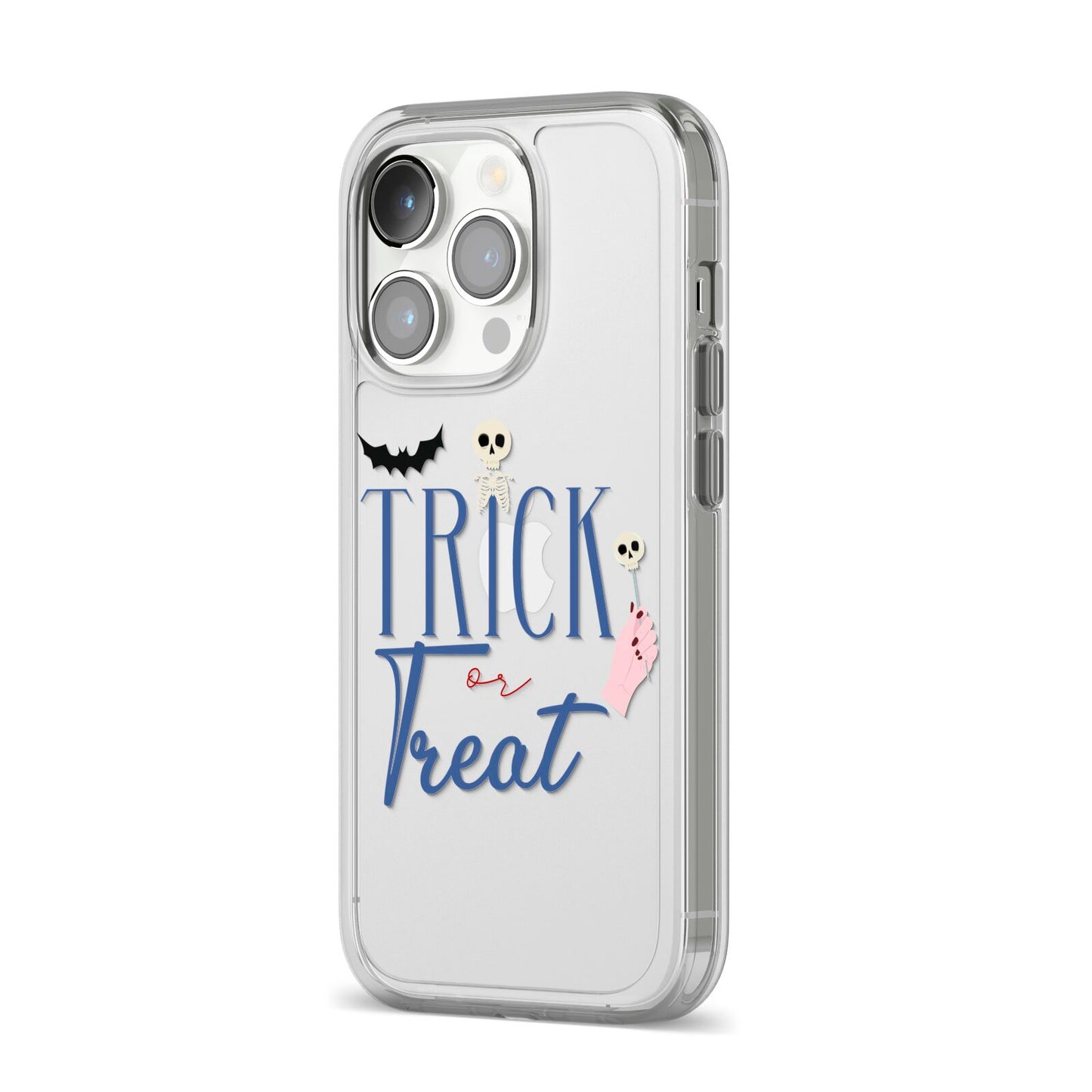 Blue Trick or Treat iPhone 14 Pro Clear Tough Case Silver Angled Image