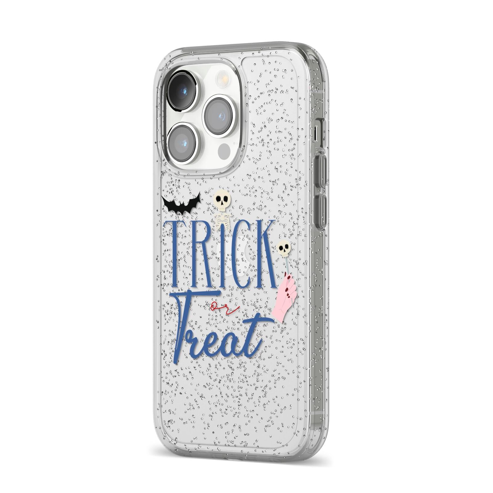 Blue Trick or Treat iPhone 14 Pro Glitter Tough Case Silver Angled Image