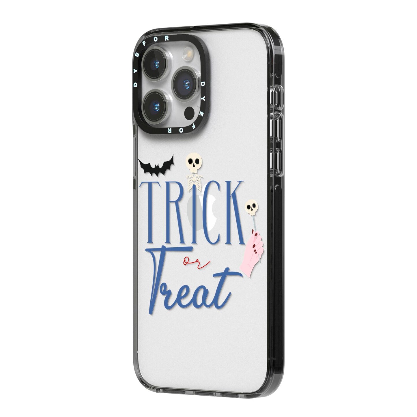 Blue Trick or Treat iPhone 14 Pro Max Black Impact Case Side Angle on Silver phone