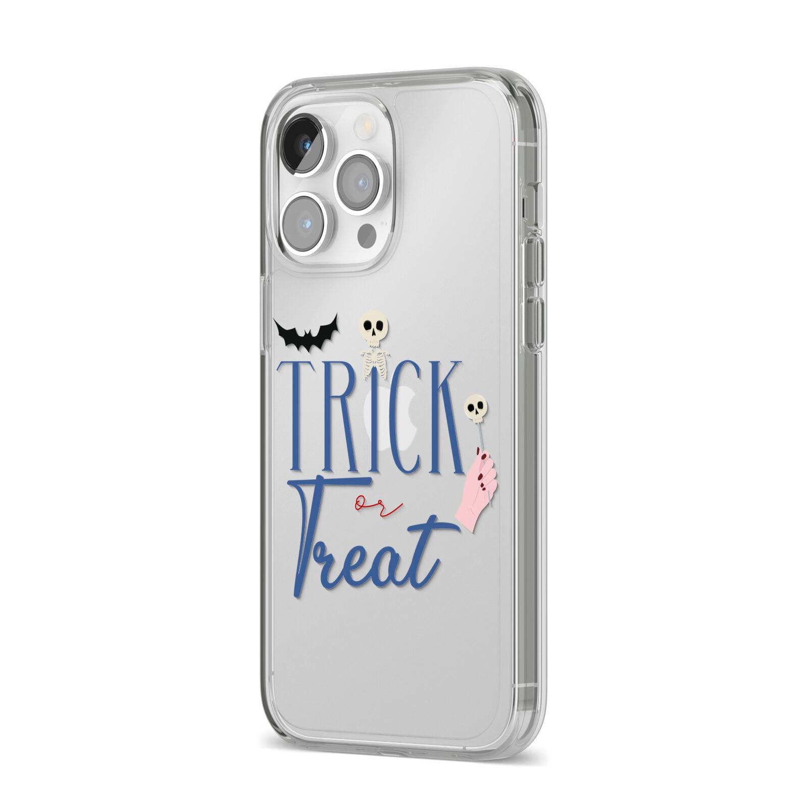 Blue Trick or Treat iPhone 14 Pro Max Clear Tough Case Silver Angled Image