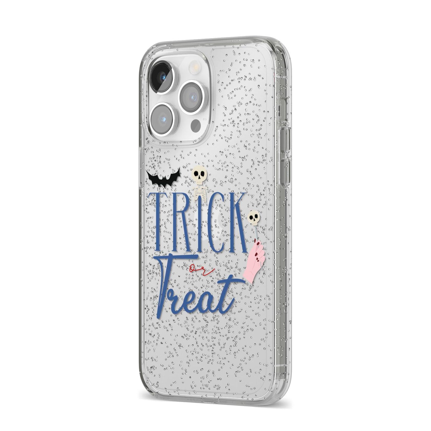 Blue Trick or Treat iPhone 14 Pro Max Glitter Tough Case Silver Angled Image