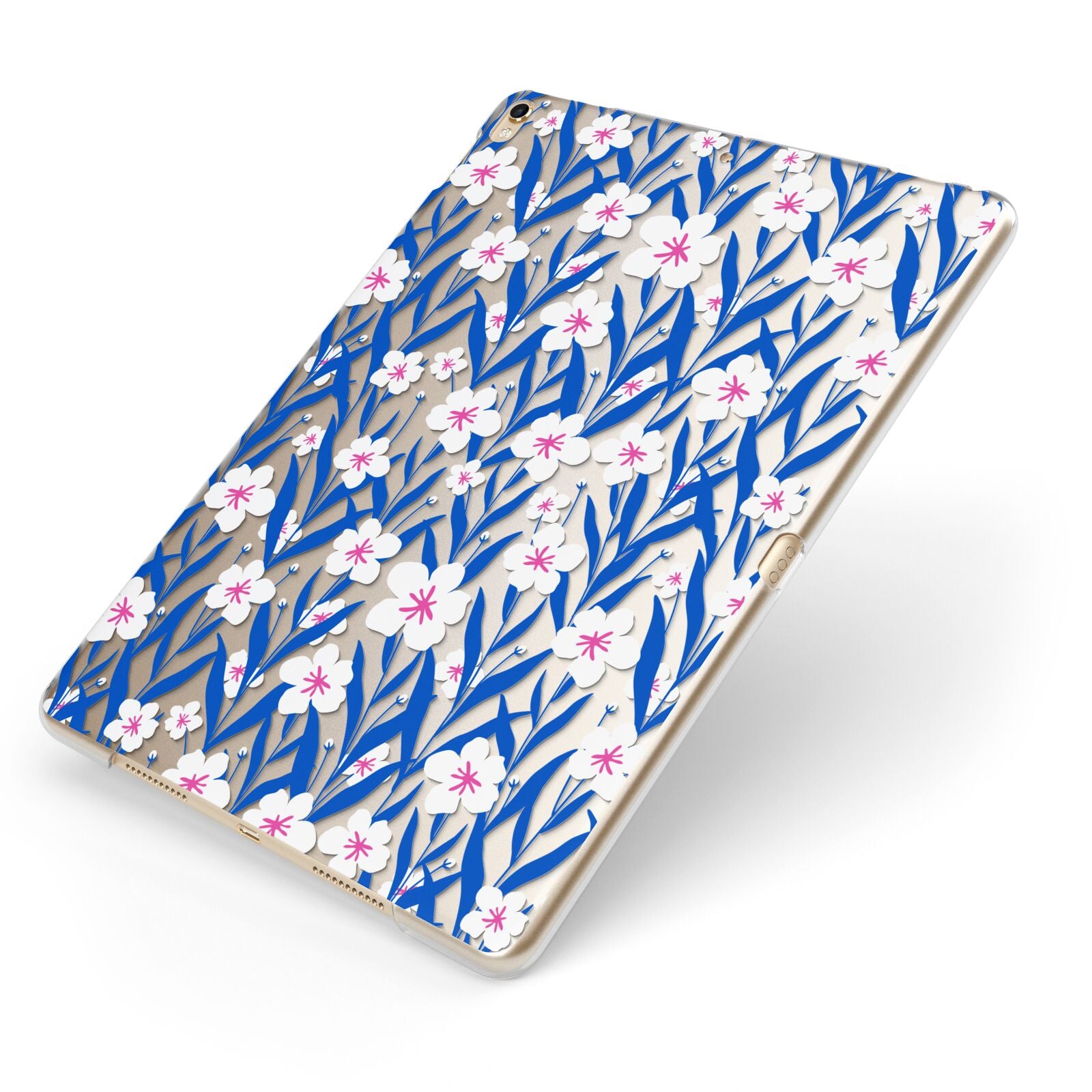 Blue and White Flowers Apple iPad Case on Gold iPad Side View