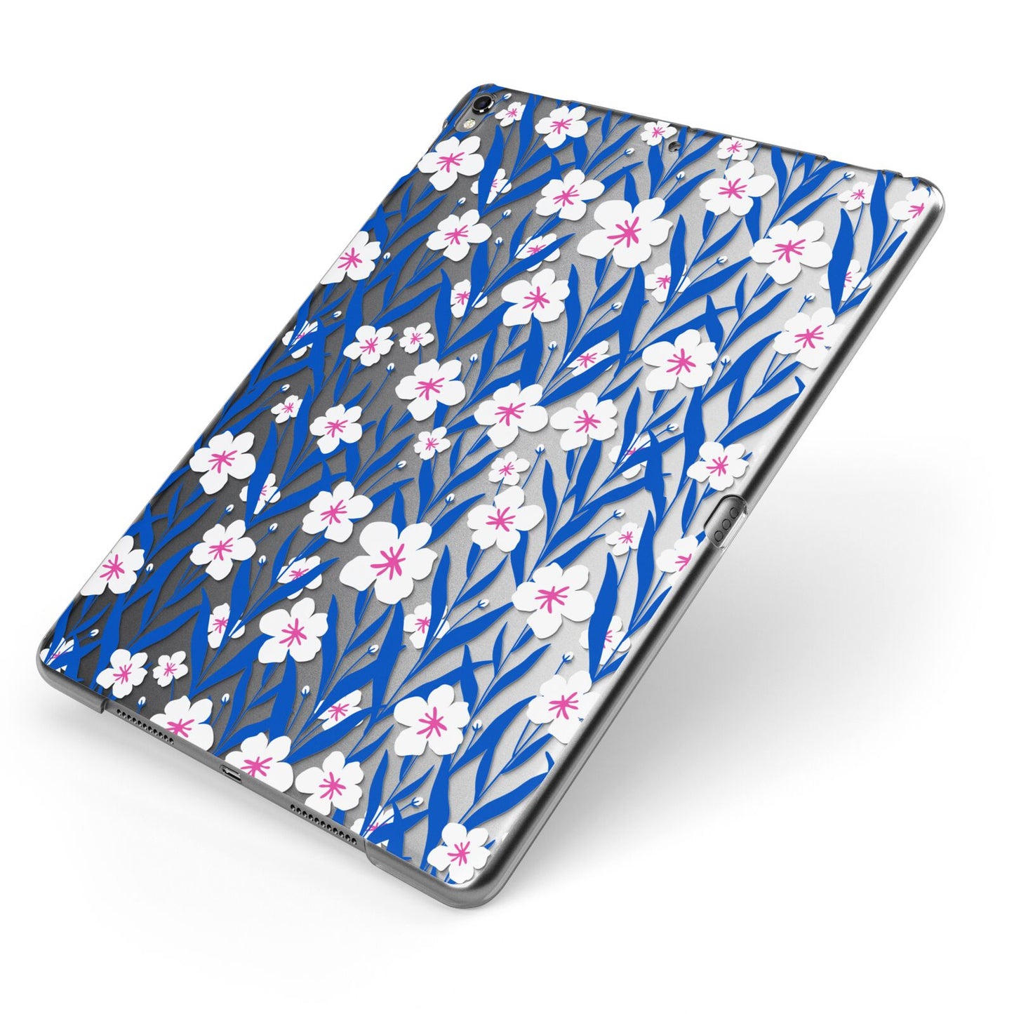 Blue and White Flowers Apple iPad Case on Grey iPad Side View