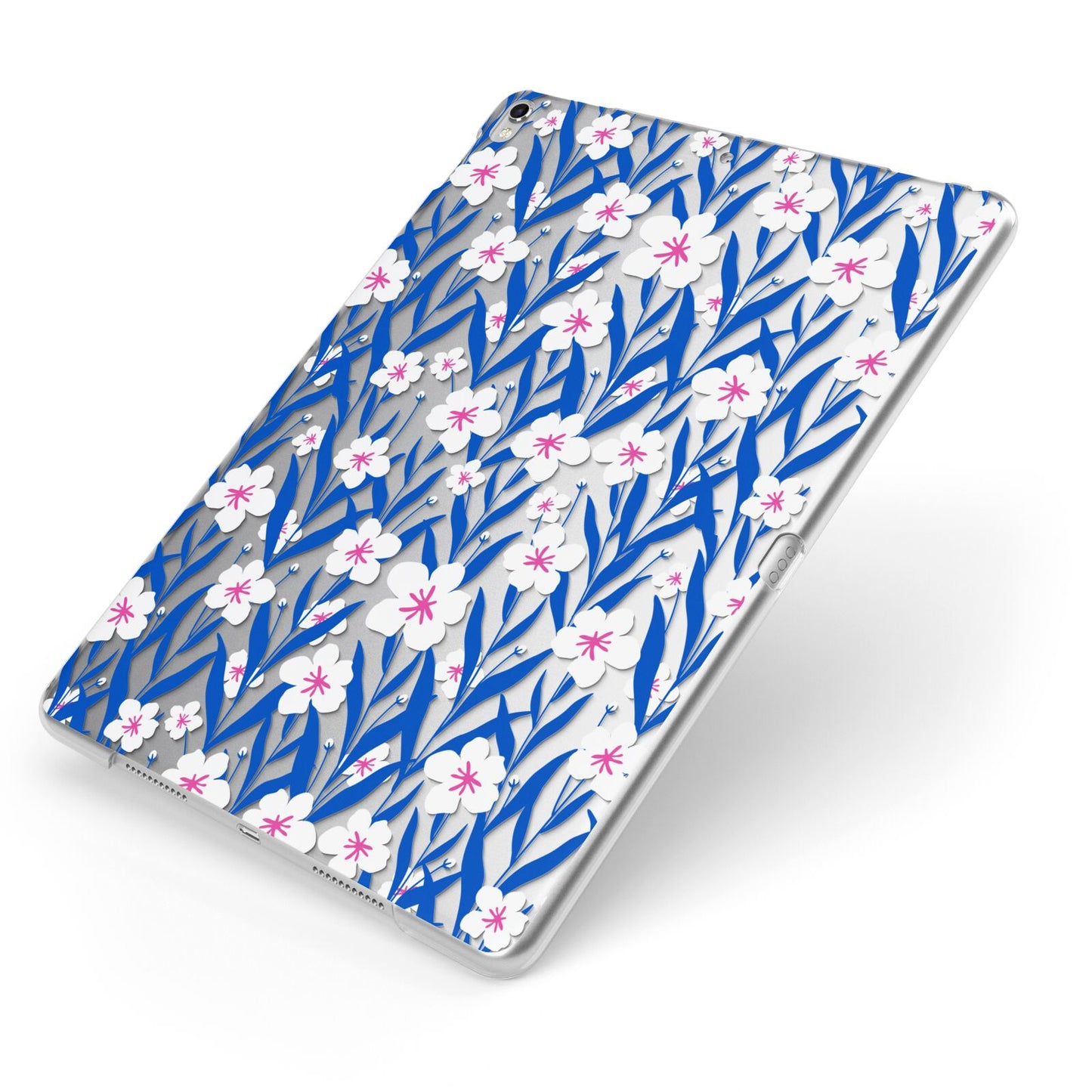 Blue and White Flowers Apple iPad Case on Silver iPad Side View