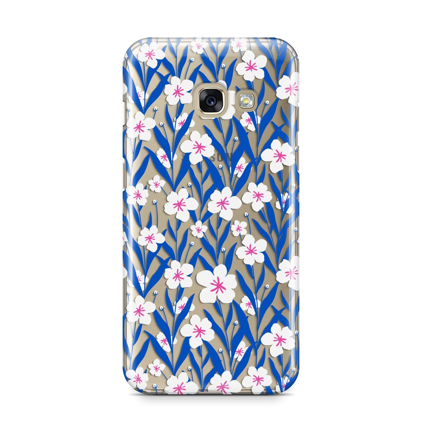 Blue and White Flowers Samsung Galaxy A3 2017 Case on gold phone